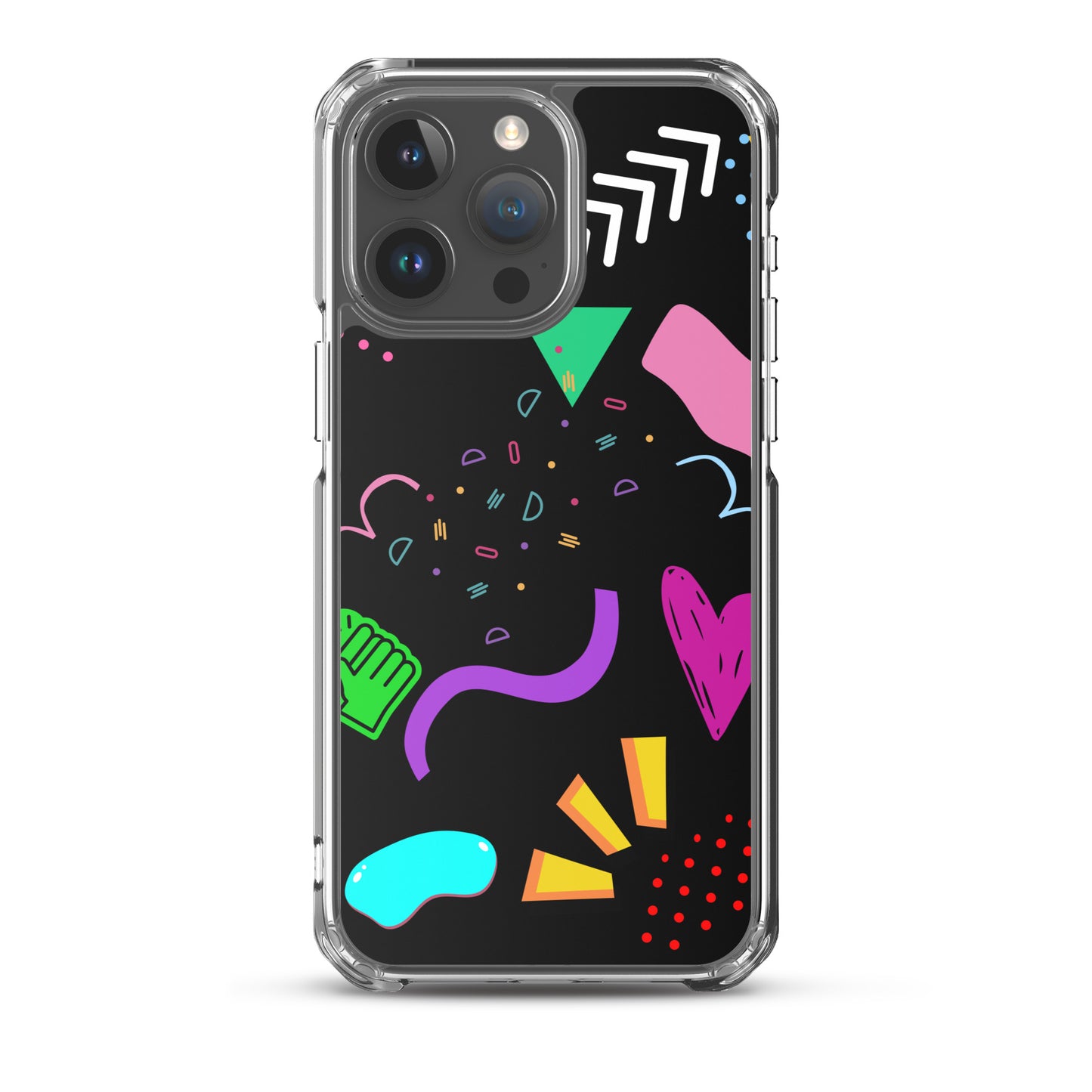Clear iPhone case with colorful 80s Memphis pattern and retro pop art design by Hipyfi Clothes & Design iphone-15-pro-max