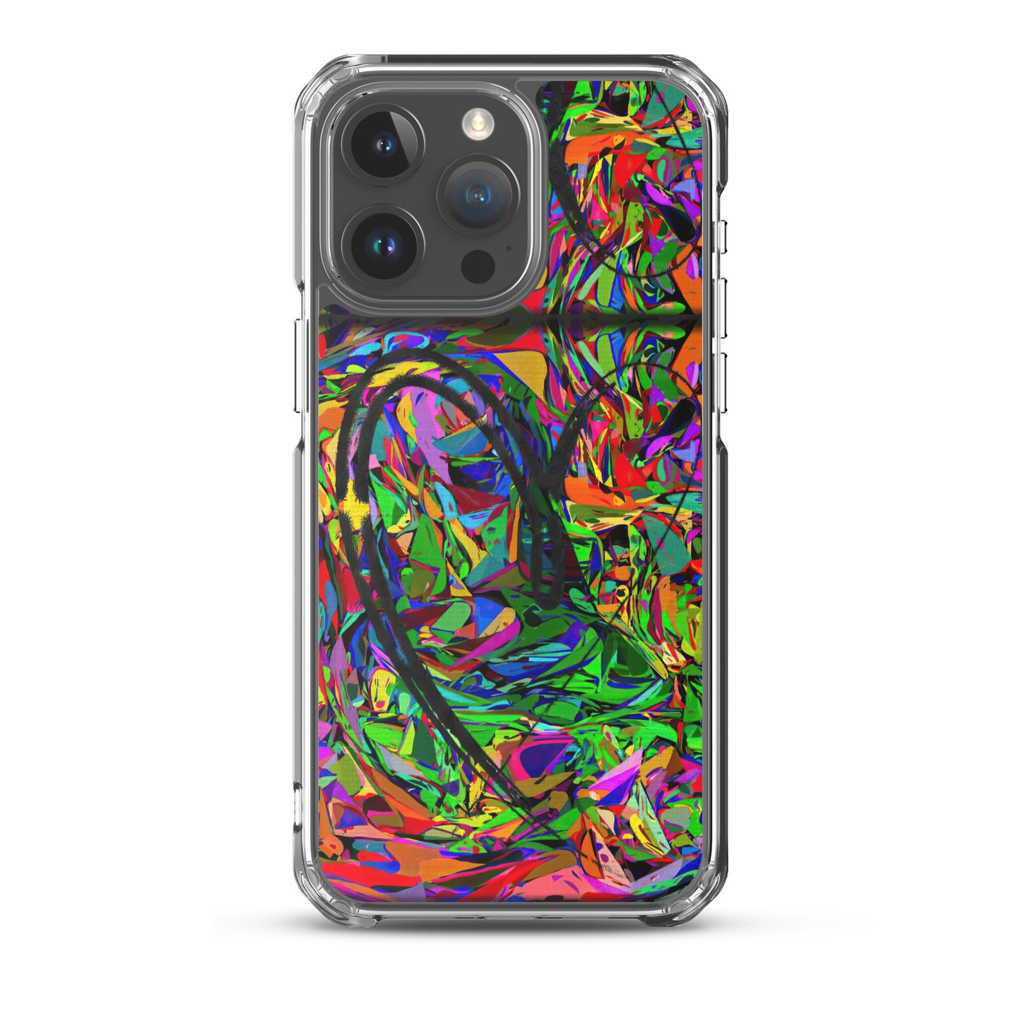 Neon Mythos iPhone® Clear Case – Abstract art design with vibrant neon colors, offering protection and style for iPhone® models. iphone-15-pro-max-case