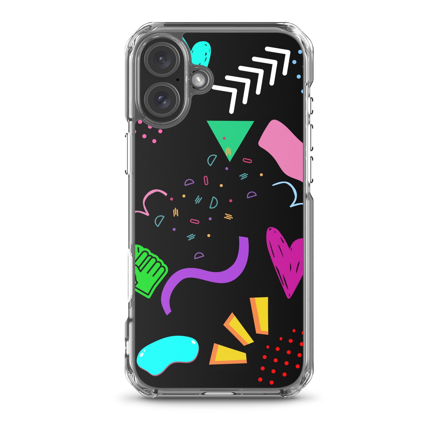 Clear iPhone case with colorful 80s Memphis pattern and retro pop art design by Hipyfi Clothes & Design iphone-16-plus