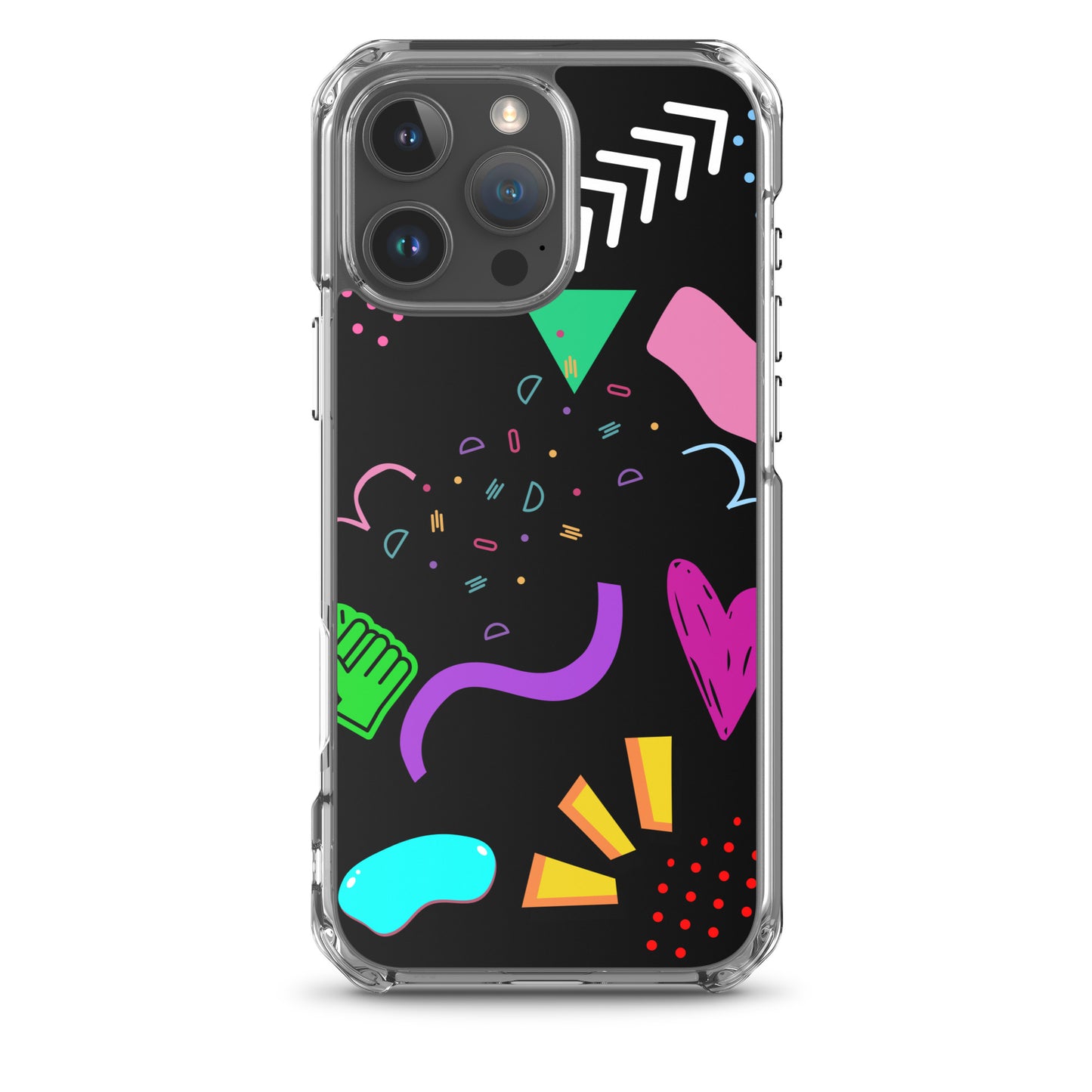 Clear iPhone case with colorful 80s Memphis pattern and retro pop art design by Hipyfi Clothes & Design iphone-16-pro-max