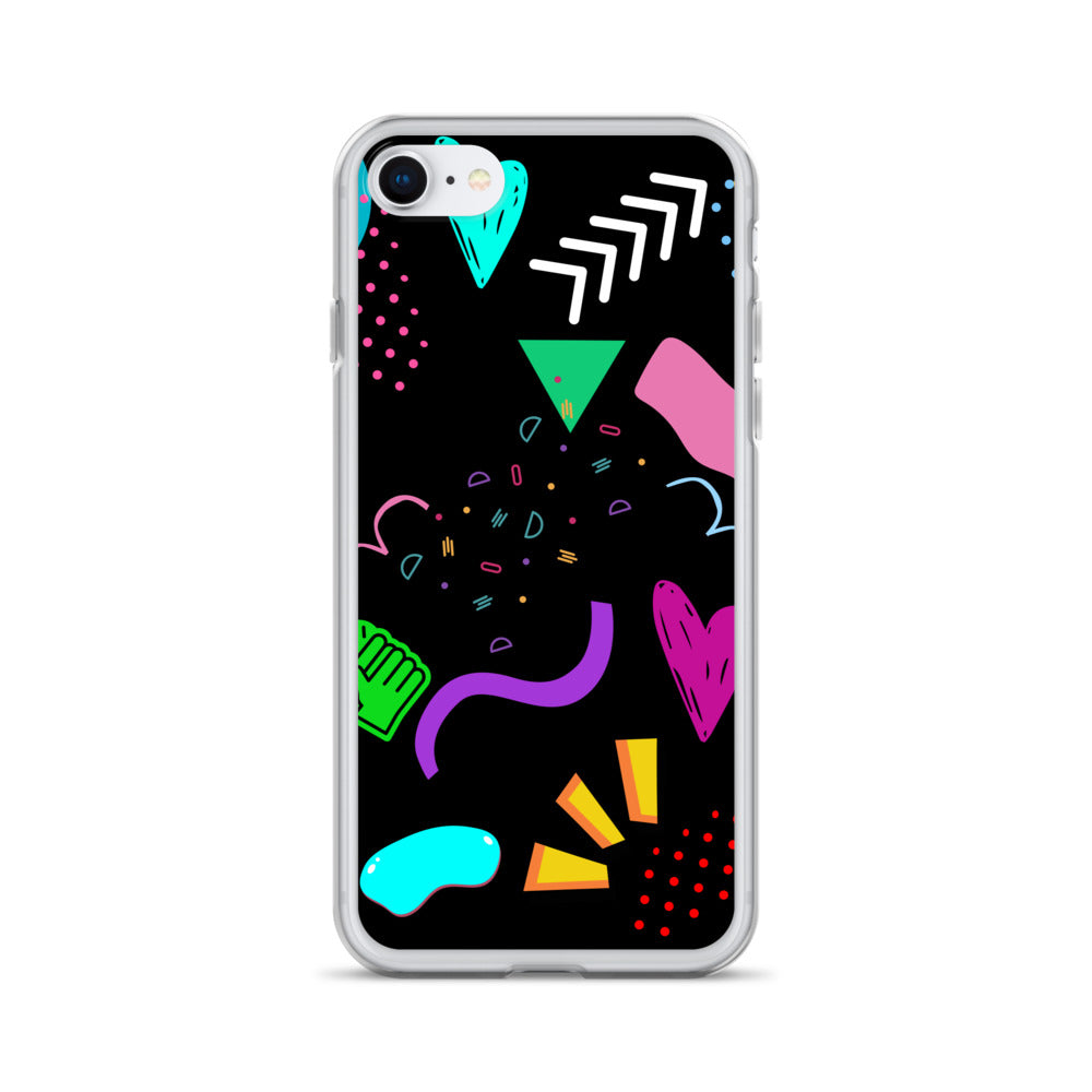 Clear iPhone case with colorful 80s Memphis pattern and retro pop art design by Hipyfi Clothes & Design iphone-se-case