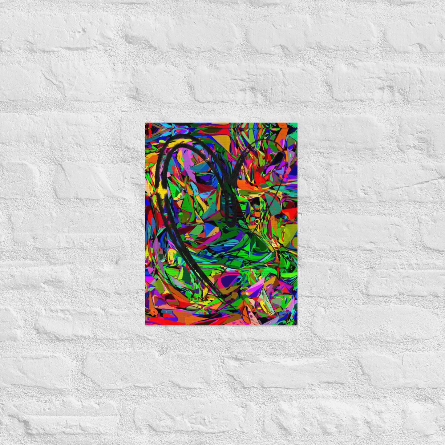 Neon abstract art print on matte paper featuring bold black heart and colorful jagged design – modern wall decor by Hipyfi Clothes & Design 12x16-front