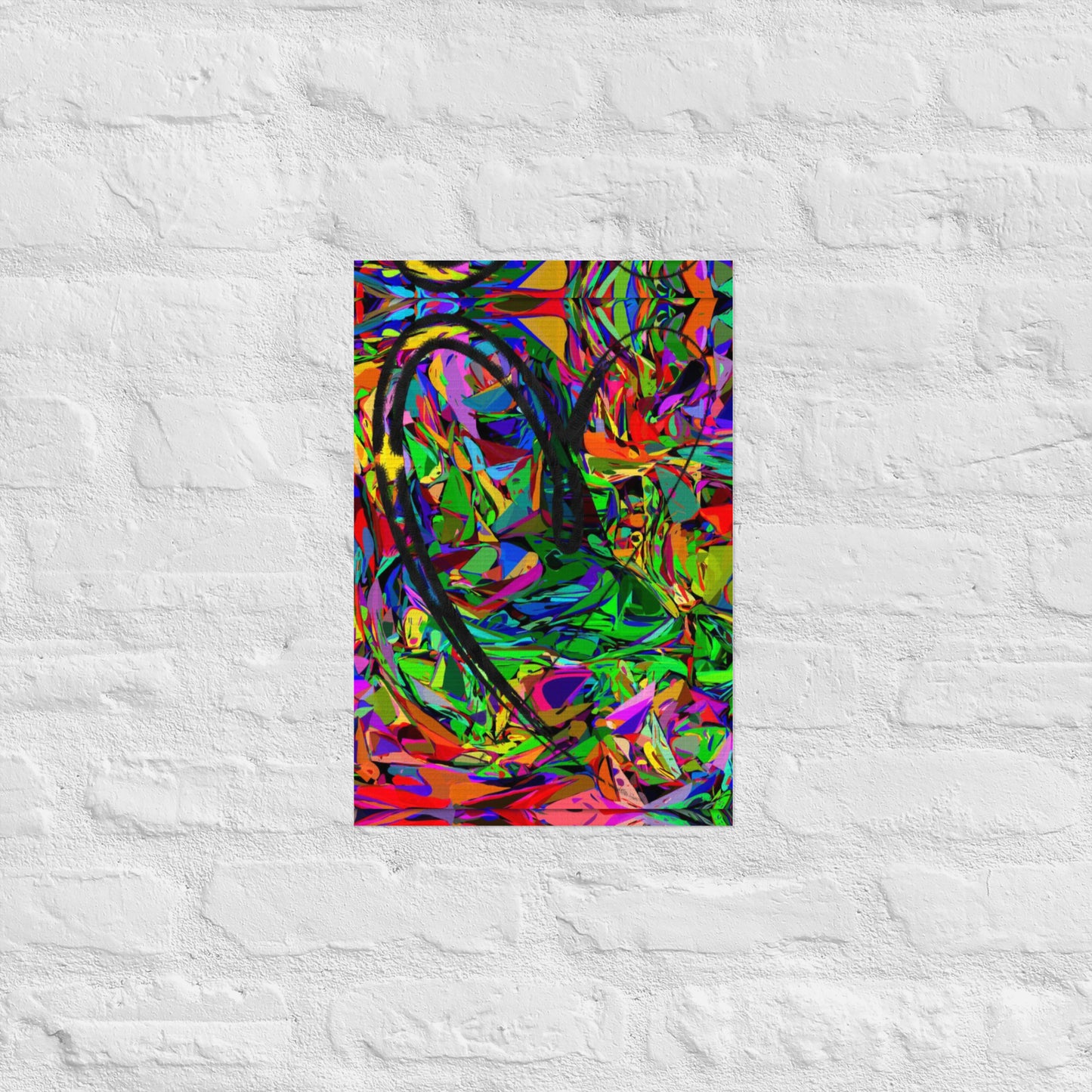 Neon abstract art print on matte paper featuring bold black heart and colorful jagged design – modern wall decor by Hipyfi Clothes & Design 12x18-front