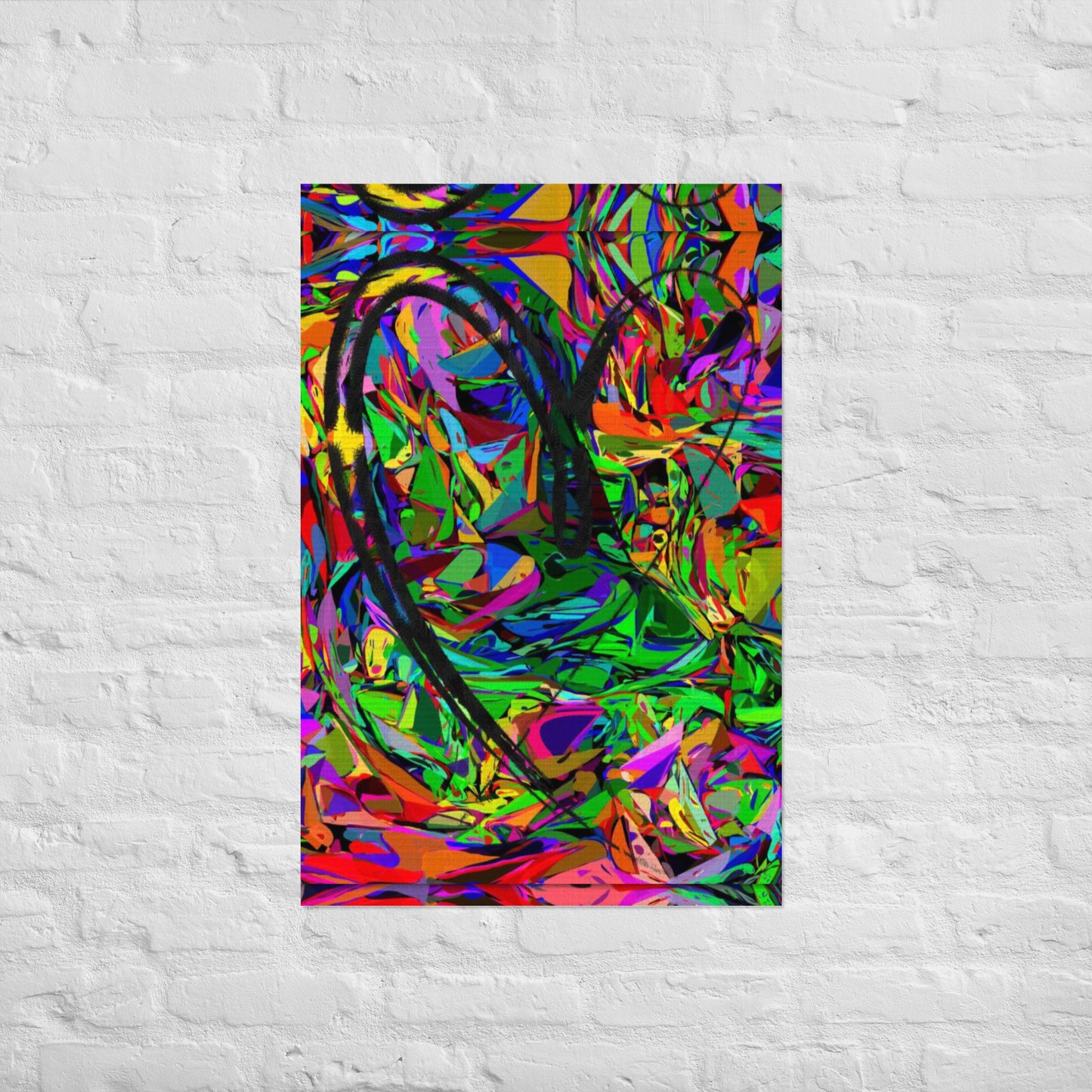 Neon abstract art print on matte paper featuring bold black heart and colorful jagged design – modern wall decor by Hipyfi Clothes & Design 24x36-front