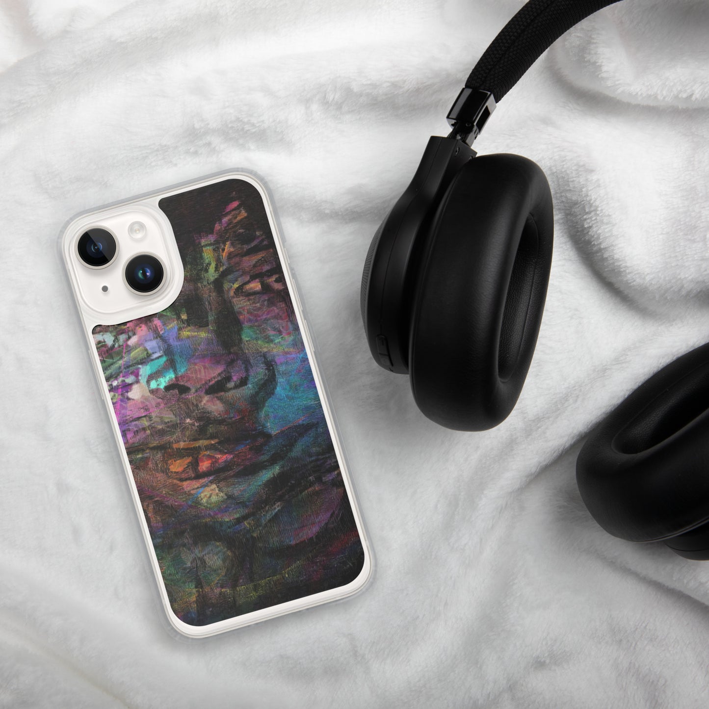 Vibrant abstract brushstroke art on a sleek clear MagSafe iPhone case by Hipyfi, blending bold color protection with modern design for iPhone. 14