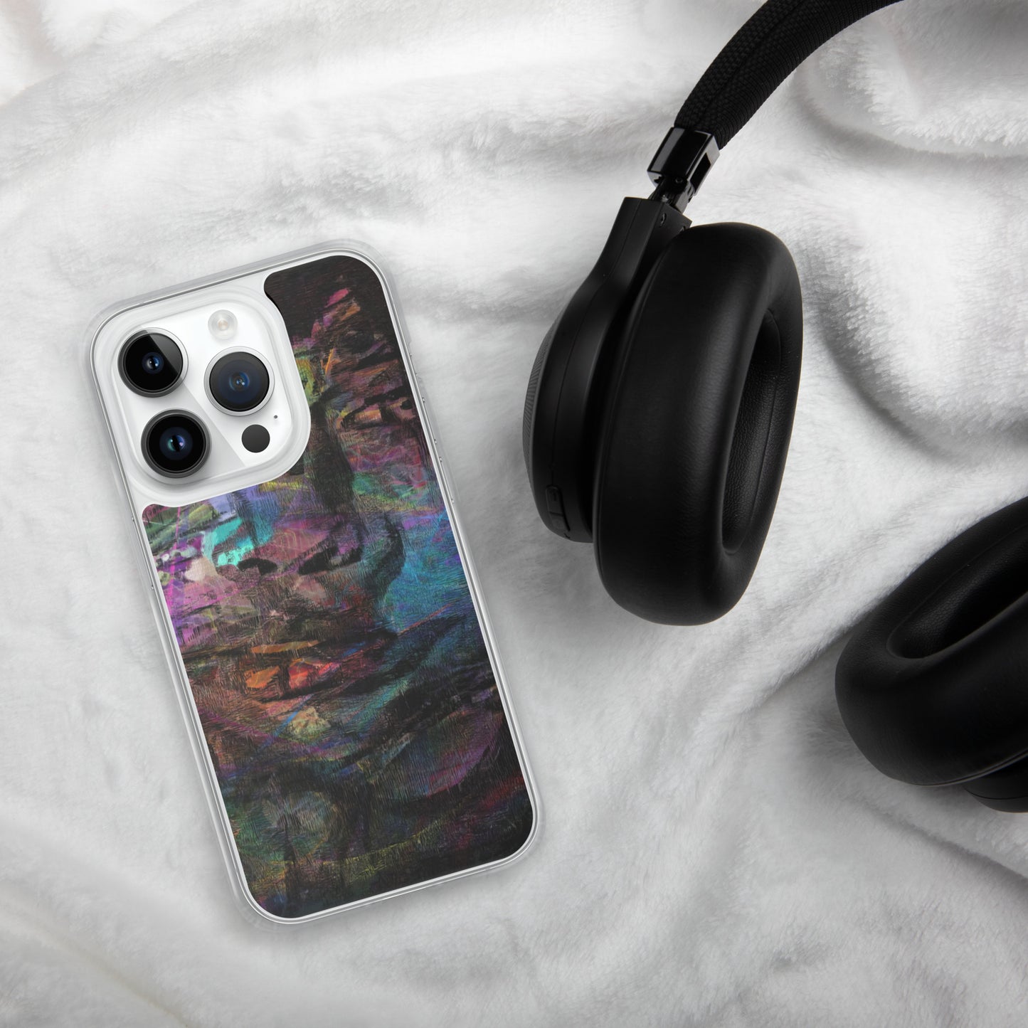 Vibrant abstract brushstroke art on a sleek clear MagSafe iPhone case by Hipyfi, blending bold color protection with modern design for iPhone. 14-pro