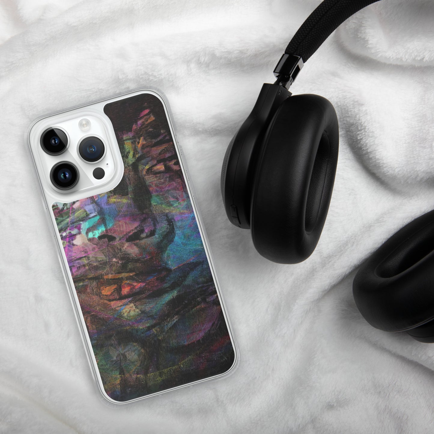 Vibrant abstract brushstroke art on a sleek clear MagSafe iPhone case by Hipyfi, blending bold color protection with modern design for iPhone. 14-pro-max