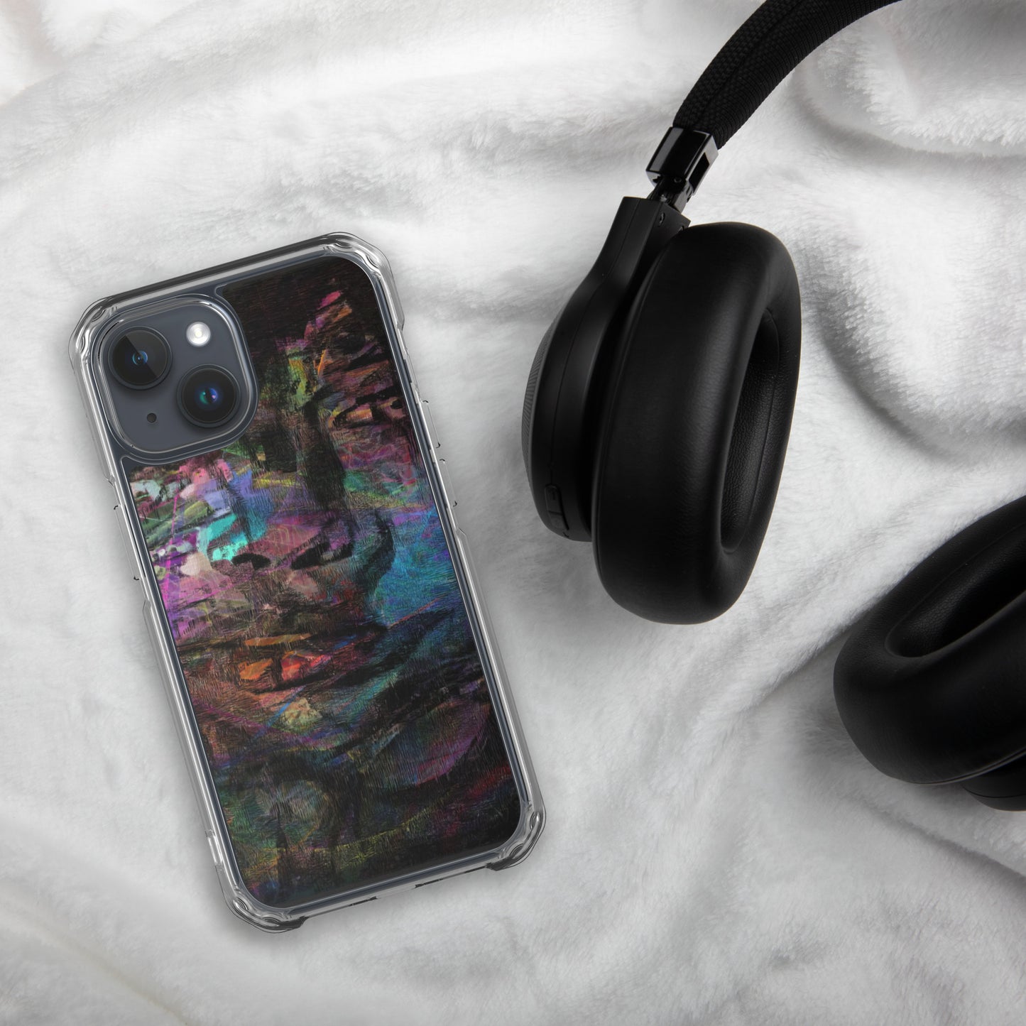 Vibrant abstract brushstroke art on a sleek clear MagSafe iPhone case by Hipyfi, blending bold color protection with modern design for iPhone. 15