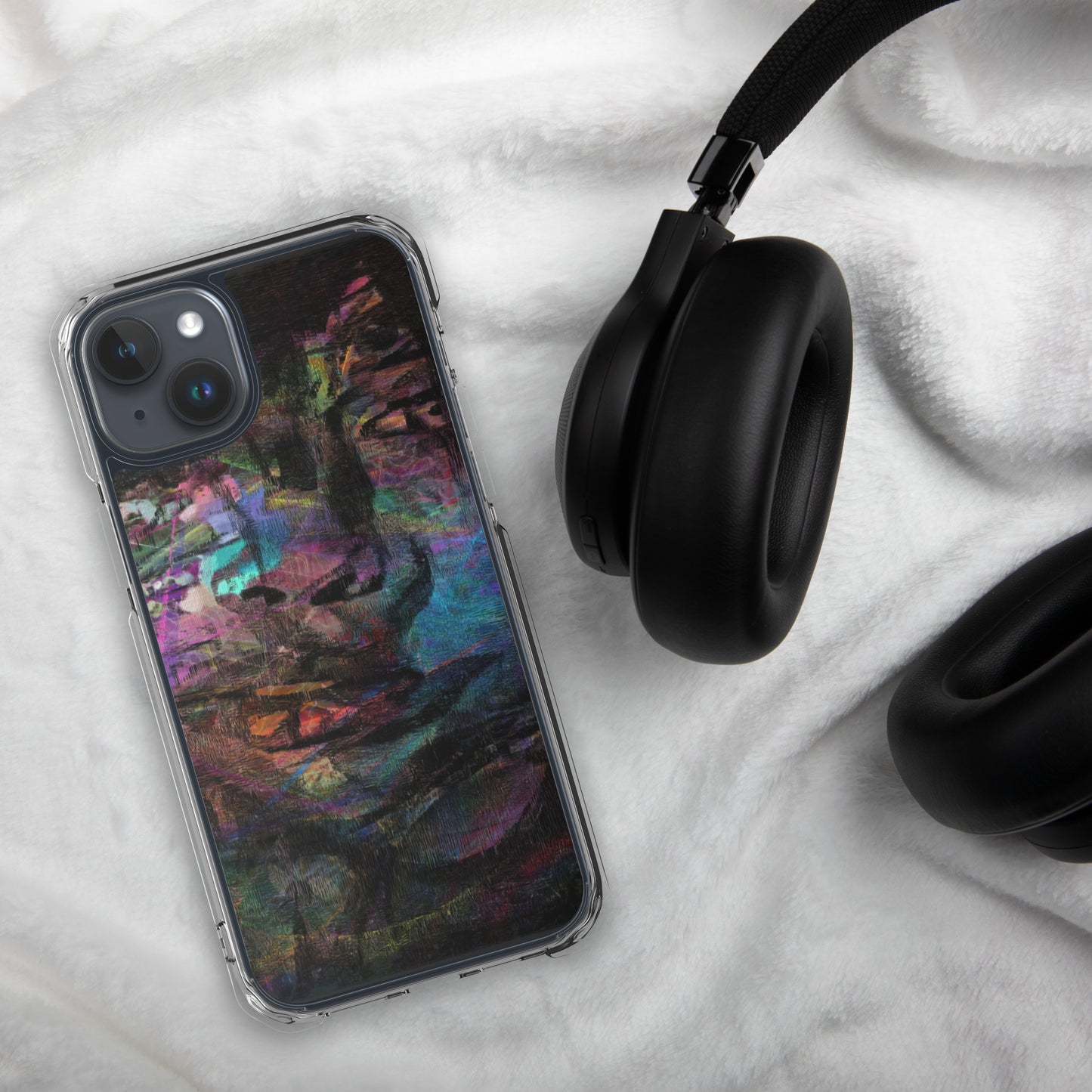 Vibrant abstract brushstroke art on a sleek clear MagSafe iPhone case by Hipyfi, blending bold color protection with modern design for iPhone. 15-plus
