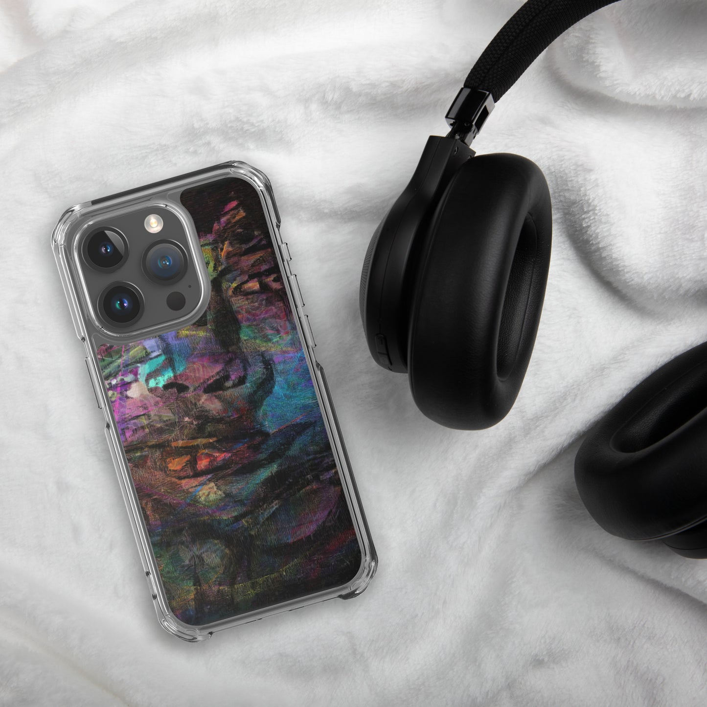 Vibrant abstract brushstroke art on a sleek clear MagSafe iPhone case by Hipyfi, blending bold color protection with modern design for iPhone. 15-pro
