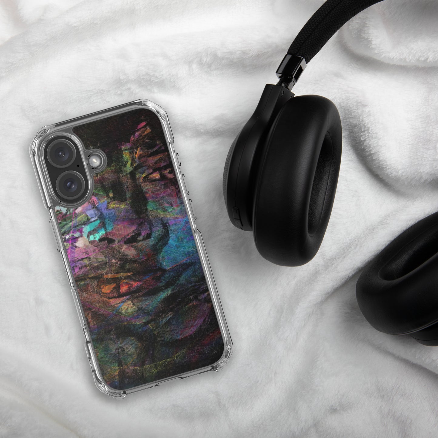 Vibrant abstract brushstroke art on a sleek clear MagSafe iPhone case by Hipyfi, blending bold color protection with modern design for iPhone. 16