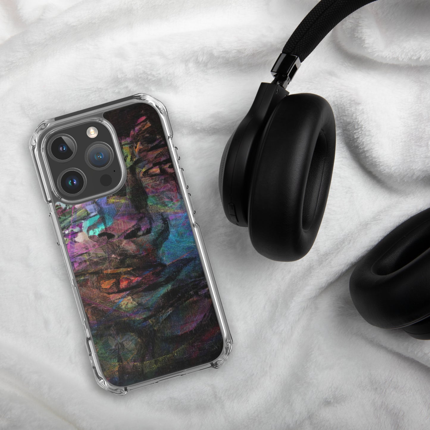 Vibrant abstract brushstroke art on a sleek clear MagSafe iPhone case by Hipyfi, blending bold color protection with modern design for iPhone. 16-pro