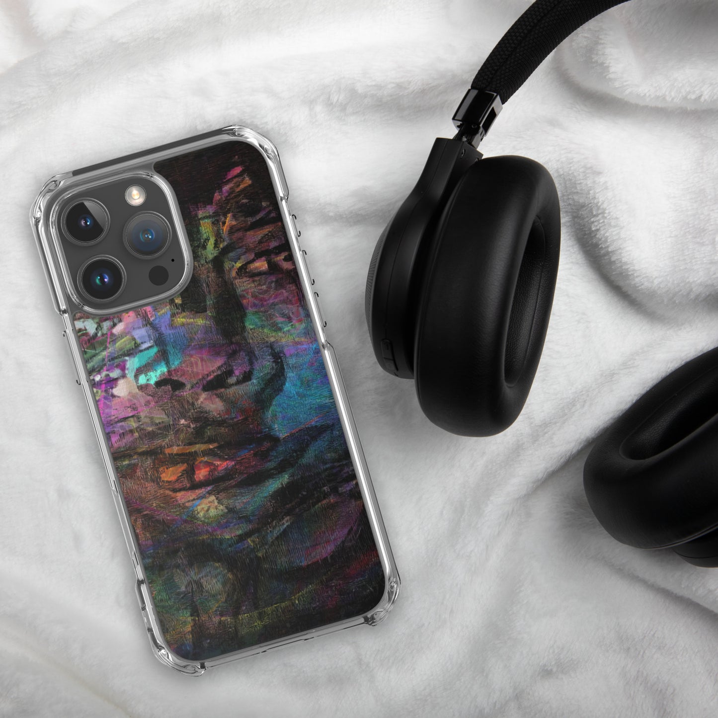 Vibrant abstract brushstroke art on a sleek clear MagSafe iPhone case by Hipyfi, blending bold color protection with modern design for iPhone. 16-pro-max