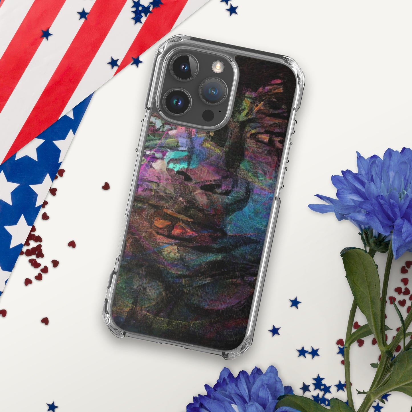 Vibrant abstract brushstroke art on a sleek clear MagSafe iPhone case by Hipyfi, blending bold color protection with modern design for iPhone. 16-pro-max-4