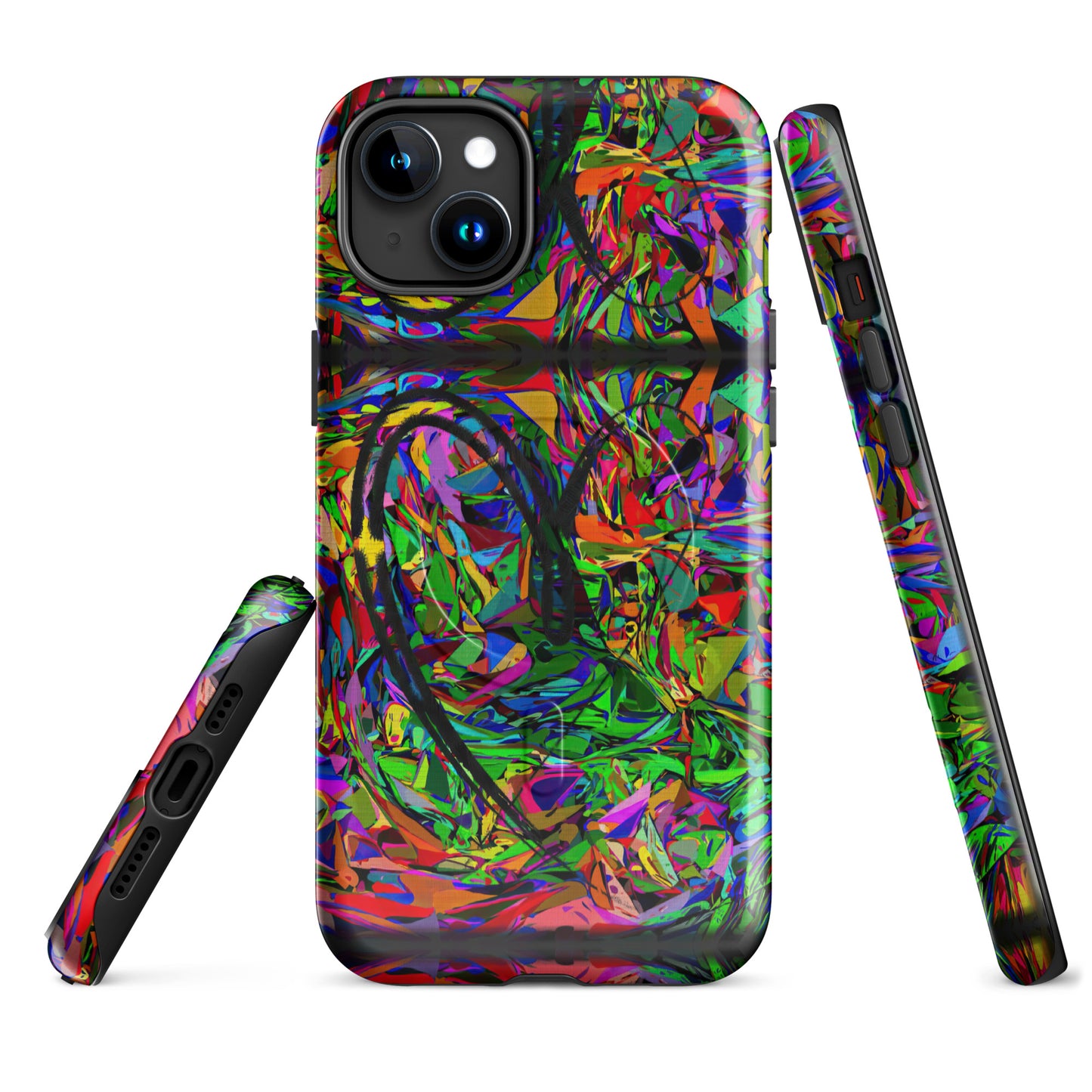Hipyfi Neon Mythos MagSafe Tough Case for iPhone – Abstract street art design with vibrant neon colors, durable dual-layer protection, and MagSafe compatibility. iphone-15-plus