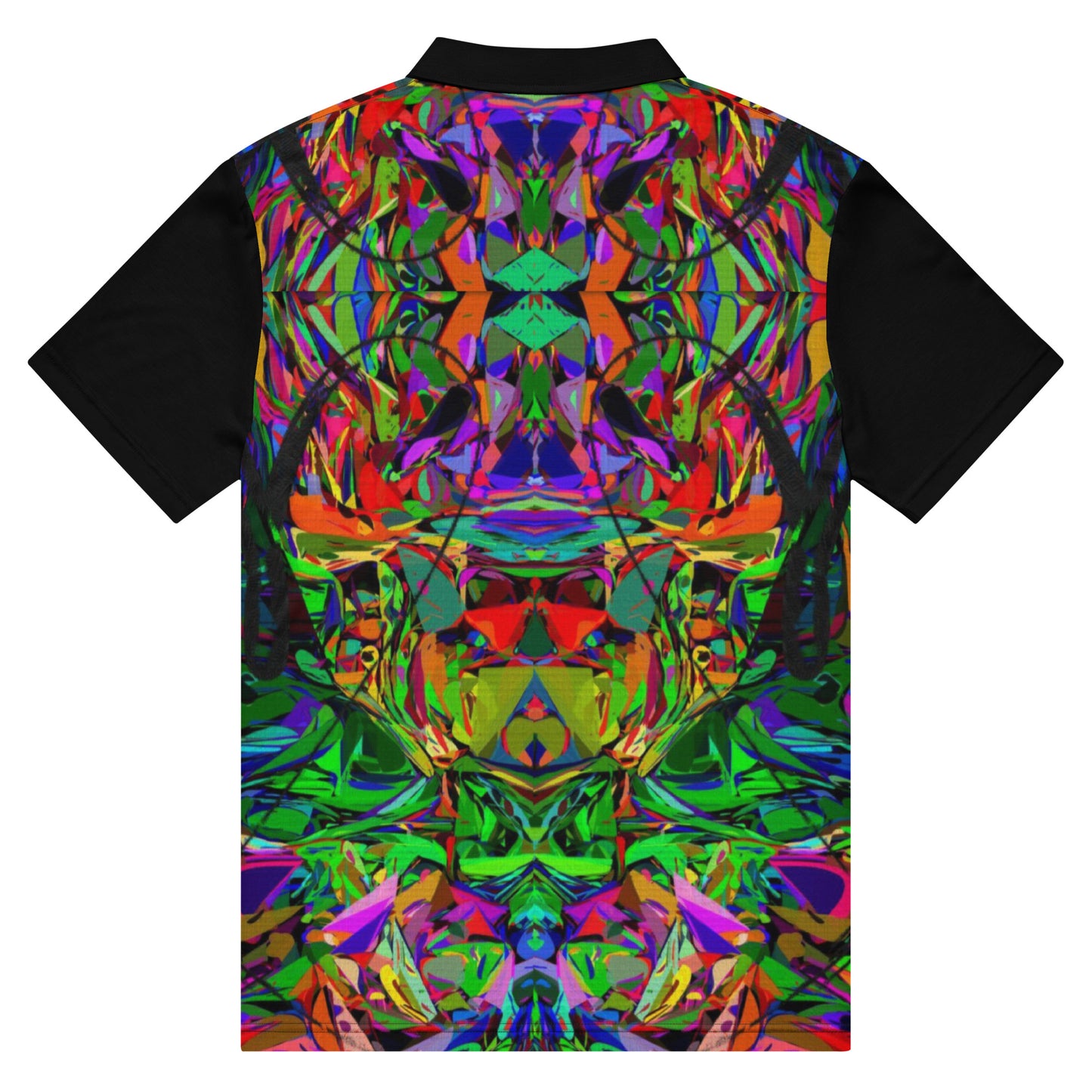 Men’s slim fit polo shirt with vibrant abstract neon graphic print by Hipyfi – modern streetwear style, breathable jersey fabric. Back-3