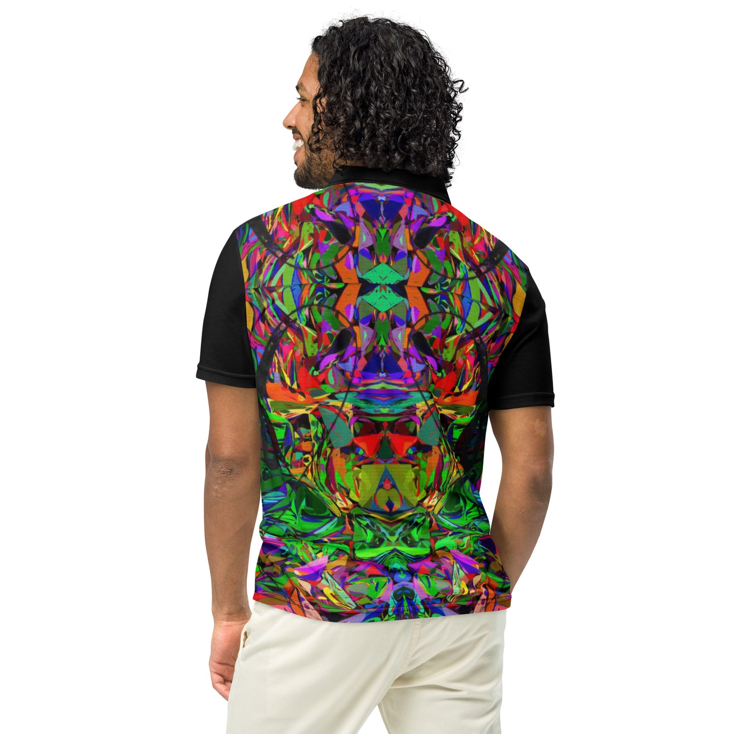 Men’s slim fit polo shirt with vibrant abstract neon graphic print by Hipyfi – modern streetwear style, breathable jersey fabric. Back