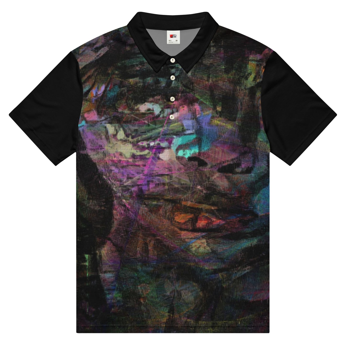 Hipyfi Men's Chromatic Dreams Slim Fit Polo Shirt – Vibrant abstract digital art print. Modern slim-fit design for bold, stylish casual wear. Front-3