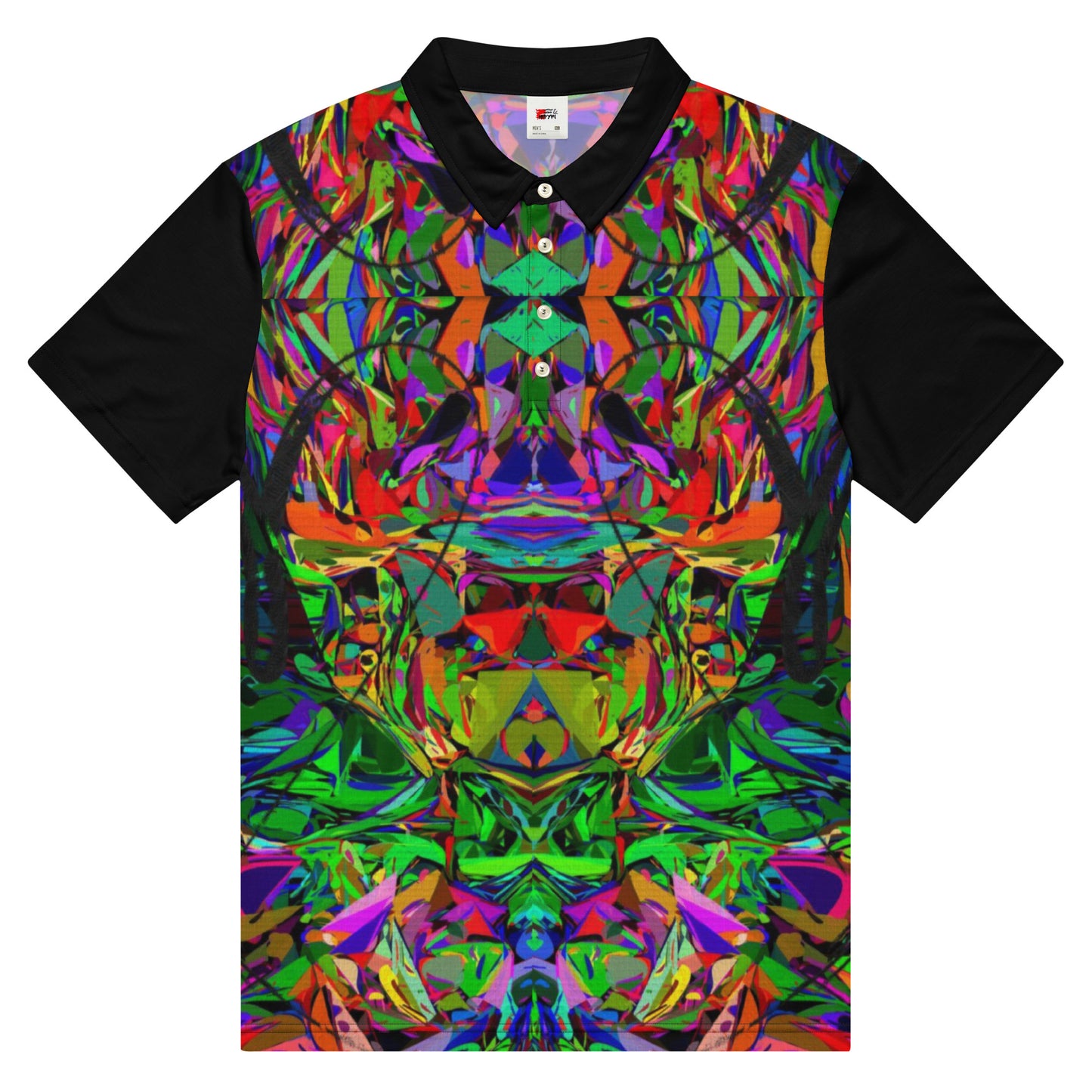Men’s slim fit polo shirt with vibrant abstract neon graphic print by Hipyfi – modern streetwear style, breathable jersey fabric. Front-3