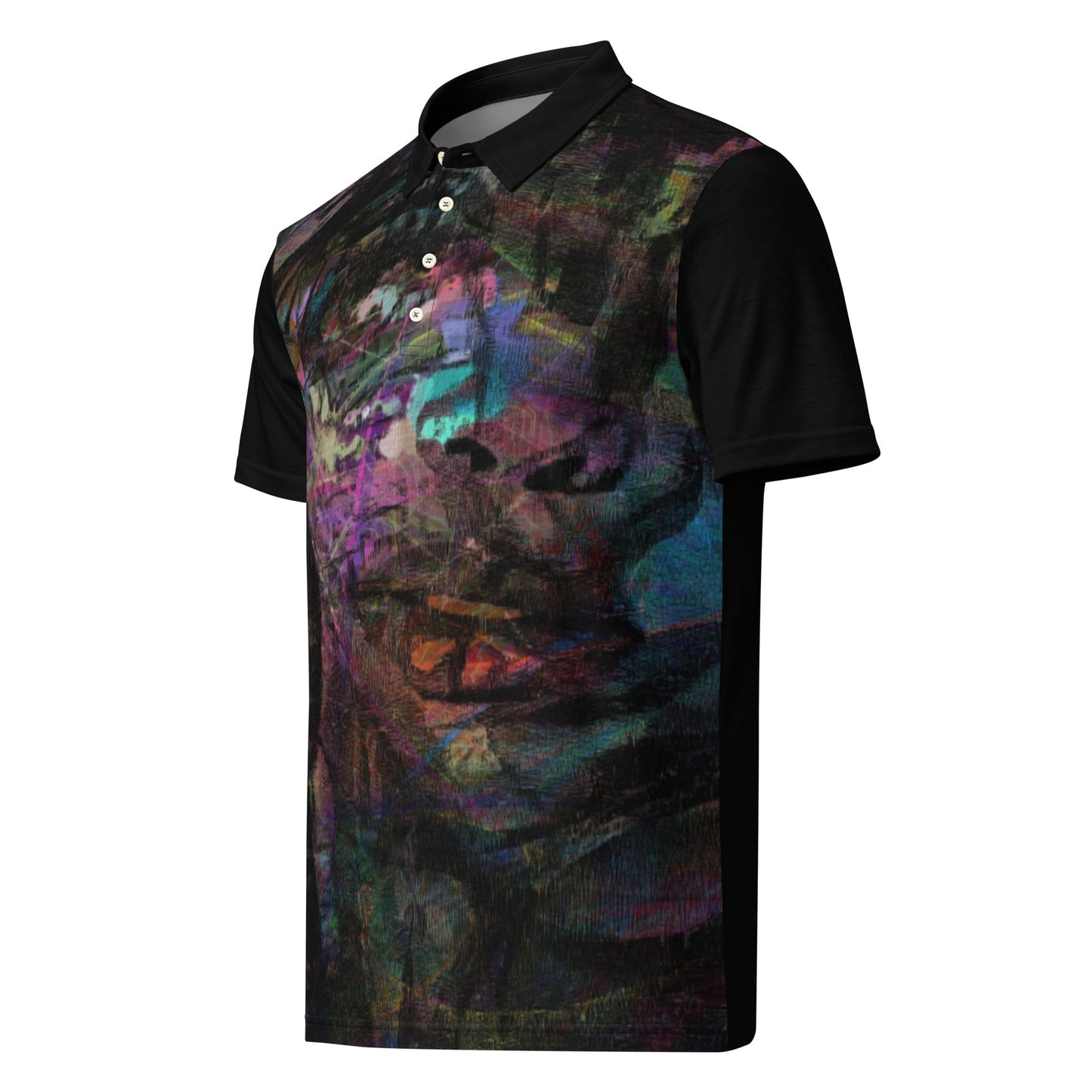 Hipyfi Men's Chromatic Dreams Slim Fit Polo Shirt – Vibrant abstract digital art print. Modern slim-fit design for bold, stylish casual wear. Left-Front-2