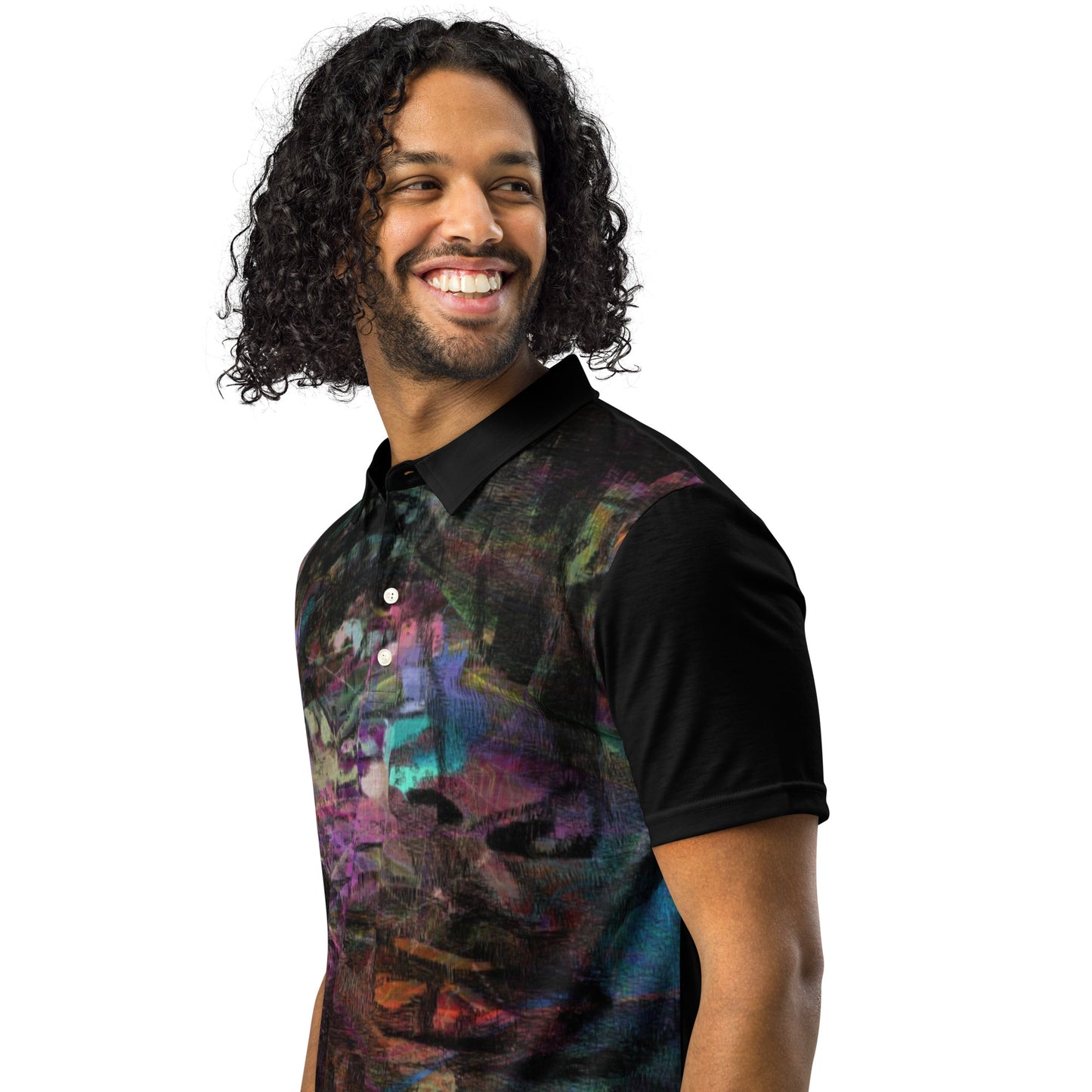 Hipyfi Men's Chromatic Dreams Slim Fit Polo Shirt – Vibrant abstract digital art print. Modern slim-fit design for bold, stylish casual wear. Left-Front
