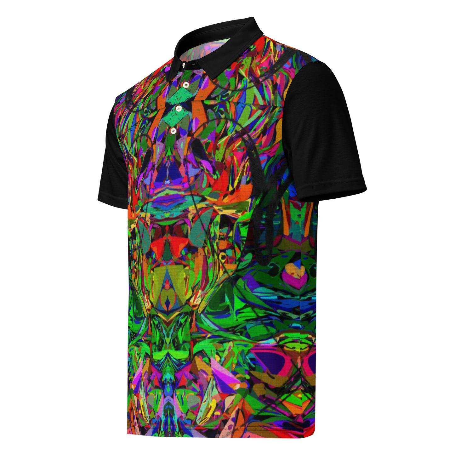 Men’s slim fit polo shirt with vibrant abstract neon graphic print by Hipyfi – modern streetwear style, breathable jersey fabric. Front-2