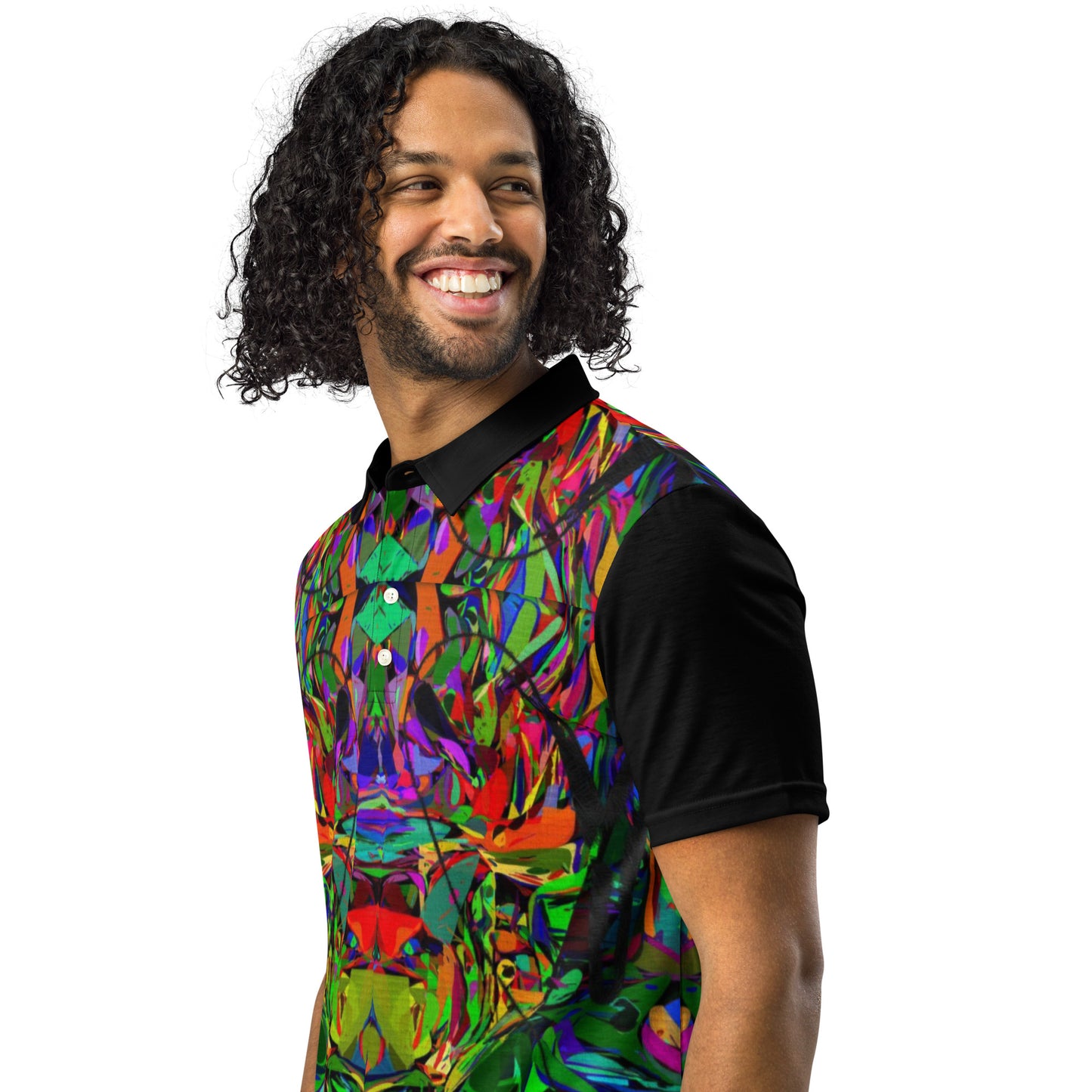 Men’s slim fit polo shirt with vibrant abstract neon graphic print by Hipyfi – modern streetwear style, breathable jersey fabric. Left-front