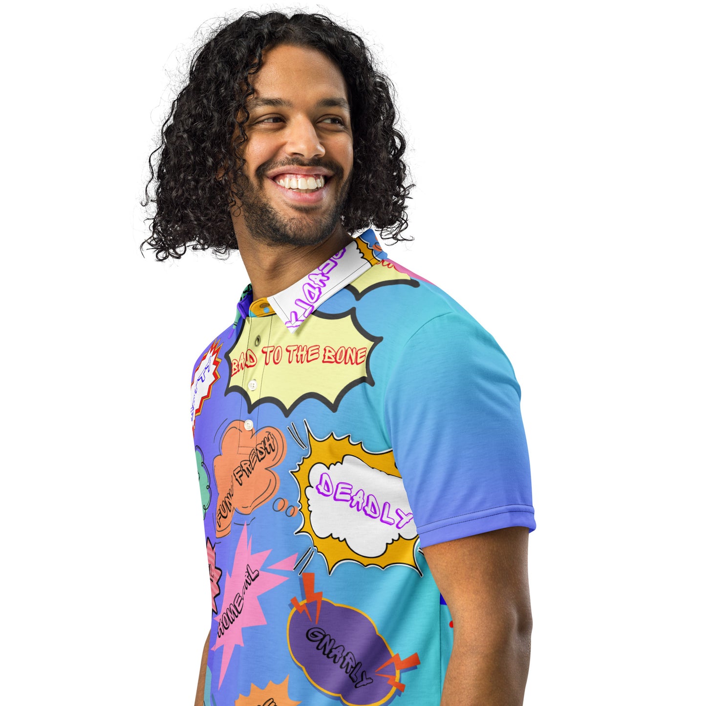 Hipyfi Retro Comic Slim Fit Polo Shirt with 80s Pop Art Graphic Design for Men Left-front