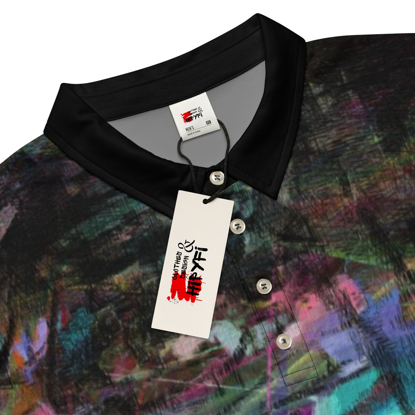 Hipyfi Men's Chromatic Dreams Slim Fit Polo Shirt – Vibrant abstract digital art print. Modern slim-fit design for bold, stylish casual wear. product-details