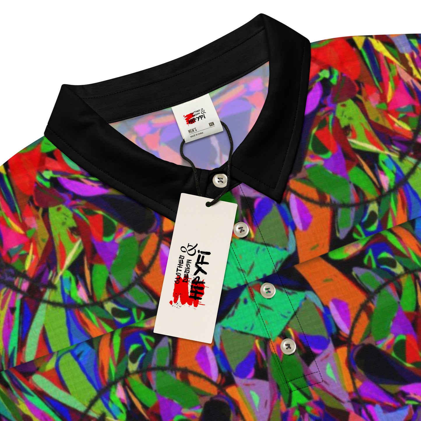 Men’s slim fit polo shirt with vibrant abstract neon graphic print by Hipyfi – modern streetwear style, breathable jersey fabric. product-details