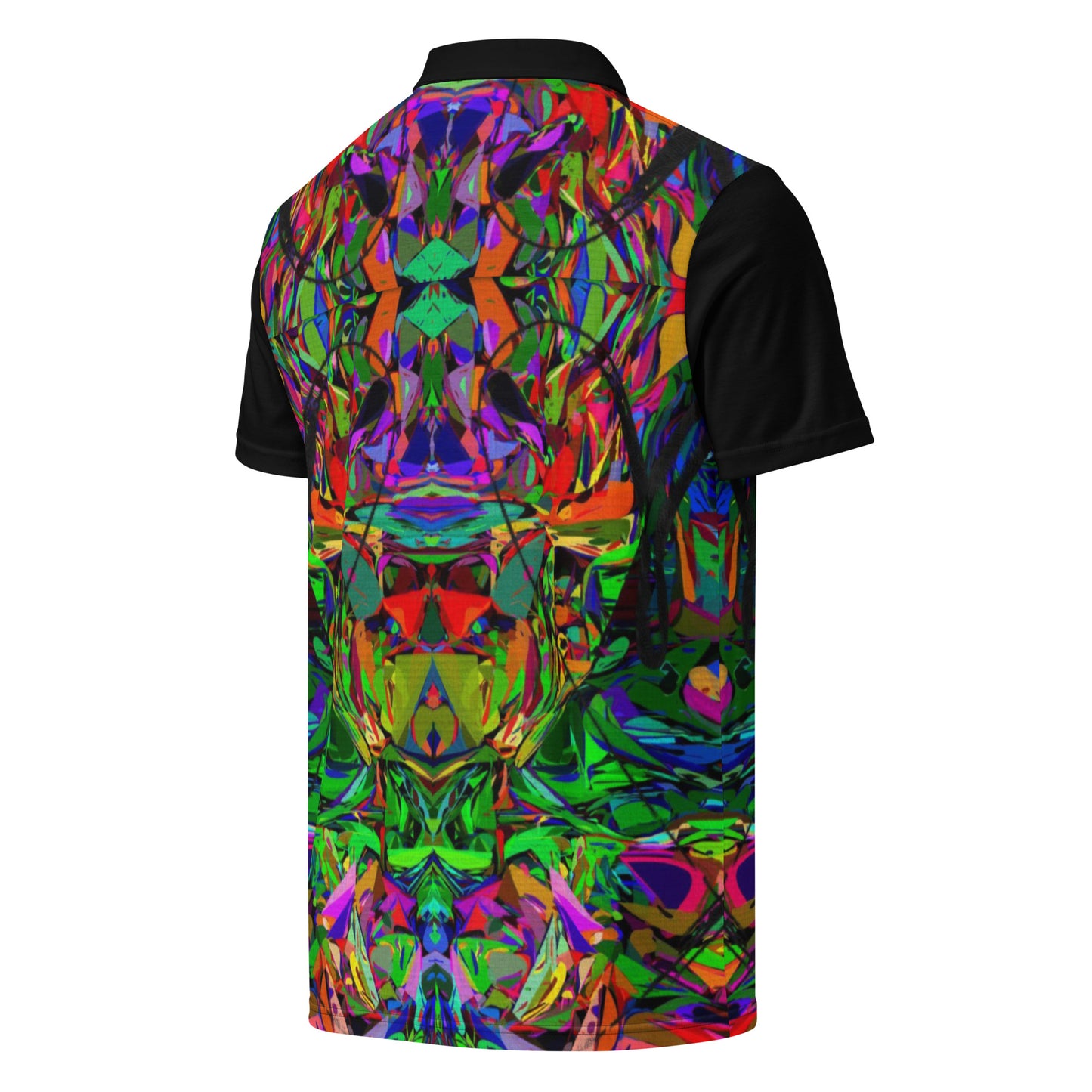 Men’s slim fit polo shirt with vibrant abstract neon graphic print by Hipyfi – modern streetwear style, breathable jersey fabric. Right-back-2