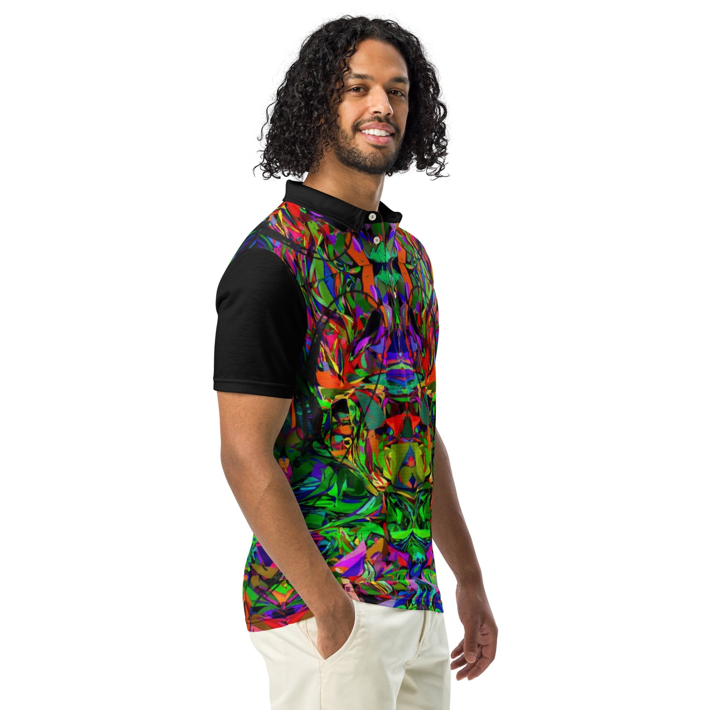 Men’s slim fit polo shirt with vibrant abstract neon graphic print by Hipyfi – modern streetwear style, breathable jersey fabric. Right-front