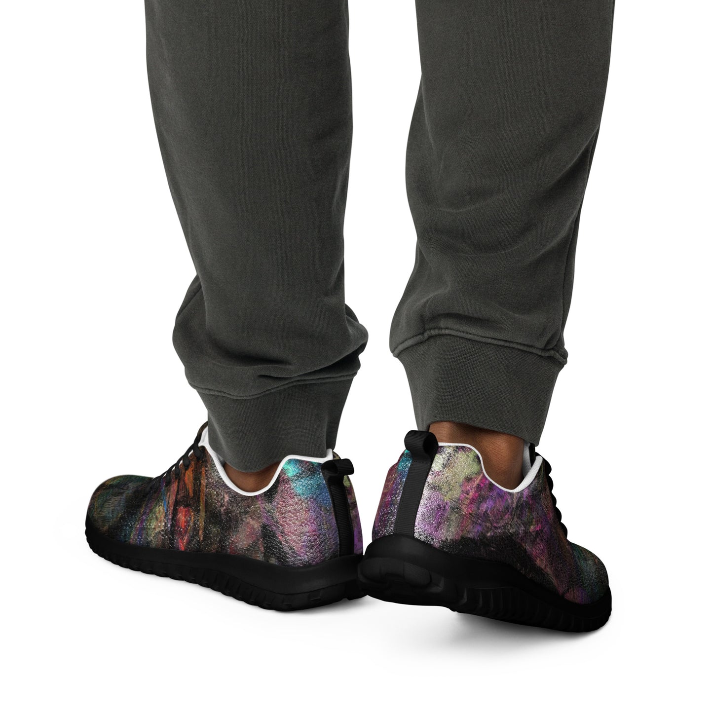 Hipyfi Chromatic Dreams Men’s Abstract Art Training Shoes in vibrant graffiti-inspired purple, blue, and orange with breathable performance design. black-back