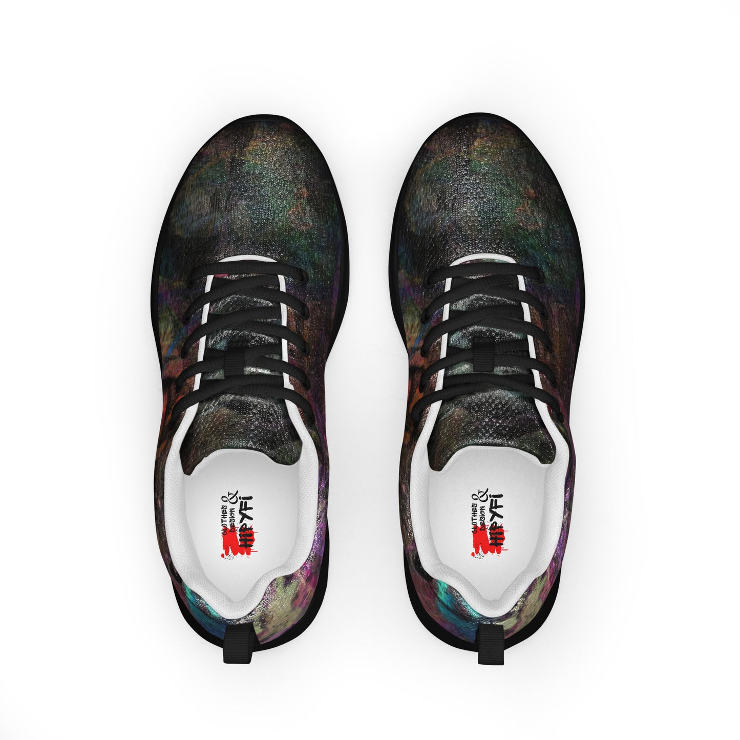 Hipyfi Chromatic Dreams Men’s Abstract Art Training Shoes in vibrant graffiti-inspired purple, blue, and orange with breathable performance design. black-front-6