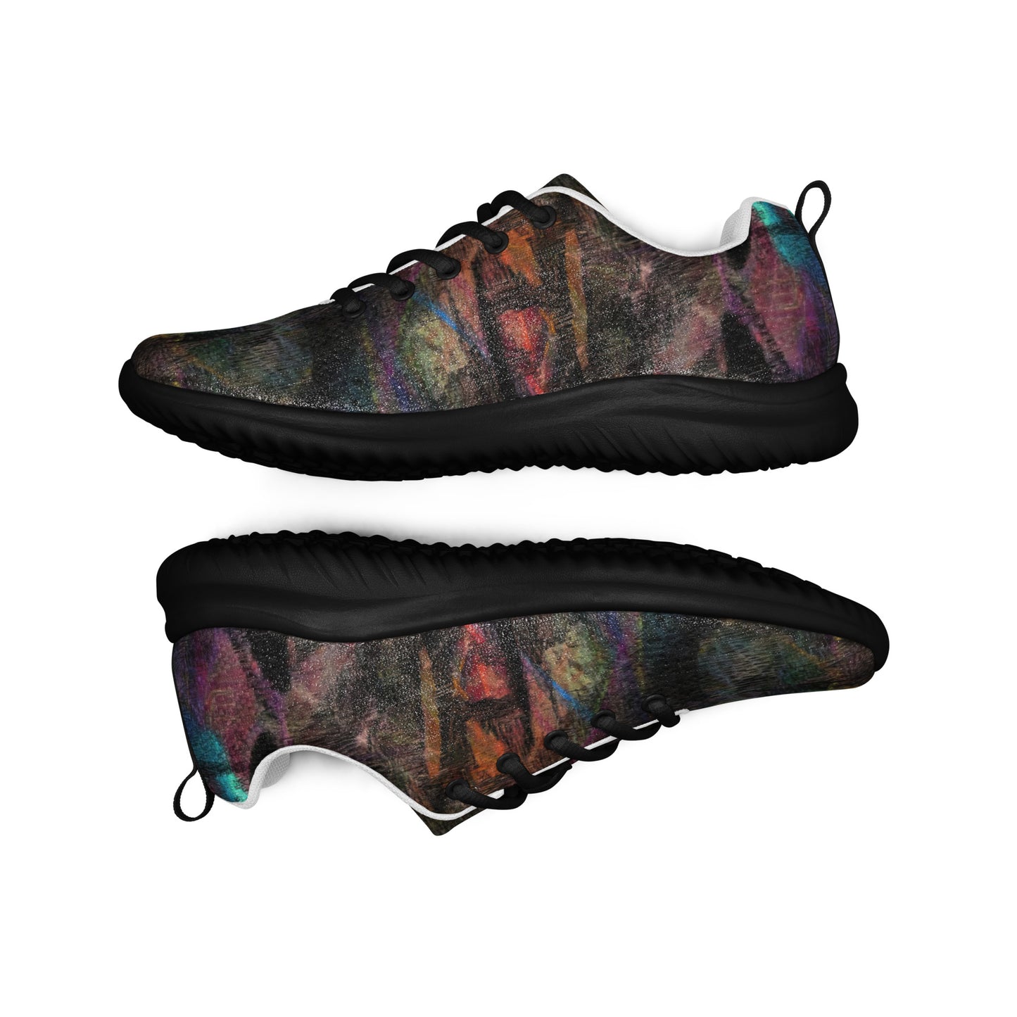 Hipyfi Chromatic Dreams Men’s Abstract Art Training Shoes in vibrant graffiti-inspired purple, blue, and orange with breathable performance design. black-front-3