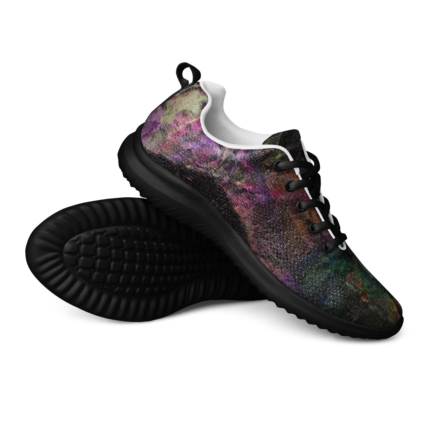 Hipyfi Chromatic Dreams Men’s Abstract Art Training Shoes in vibrant graffiti-inspired purple, blue, and orange with breathable performance design. black-front-4