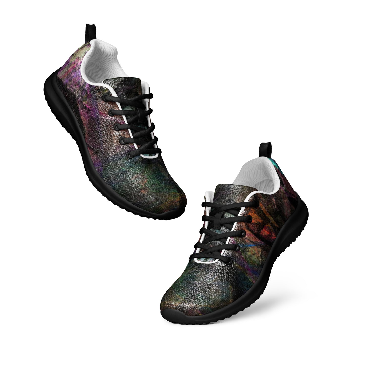 Hipyfi Chromatic Dreams Men’s Abstract Art Training Shoes in vibrant graffiti-inspired purple, blue, and orange with breathable performance design. black-front-5