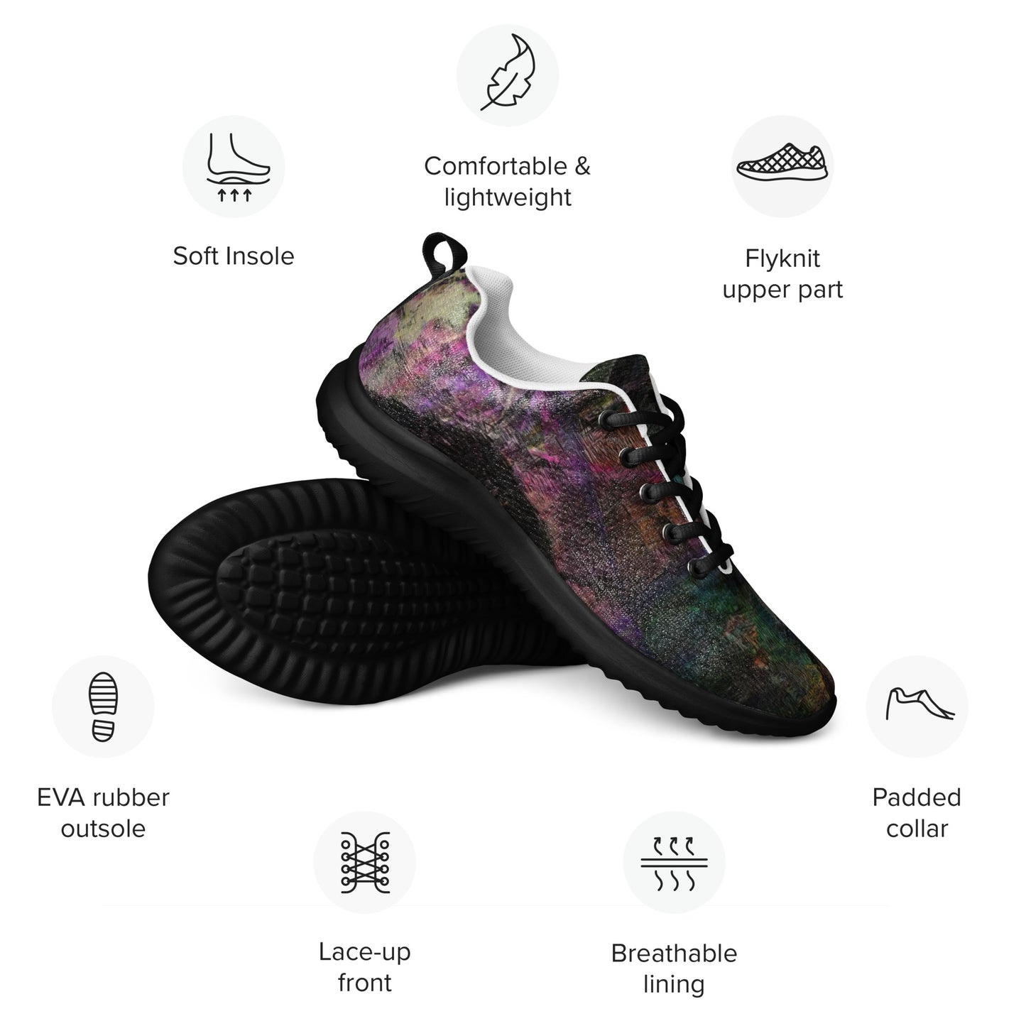 Hipyfi Chromatic Dreams Men’s Abstract Art Training Shoes in vibrant graffiti-inspired purple, blue, and orange with breathable performance design. black-front-info