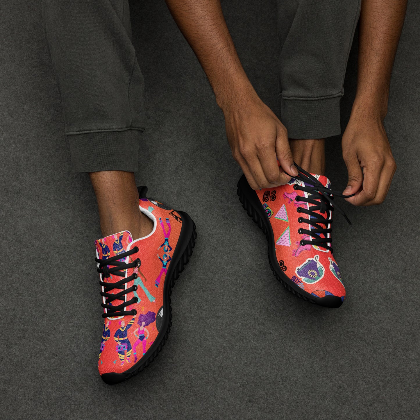 Hipyfi RetroRush Men’s 80s Style Athletic Sneakers with Neon Retro Pattern black-front-2