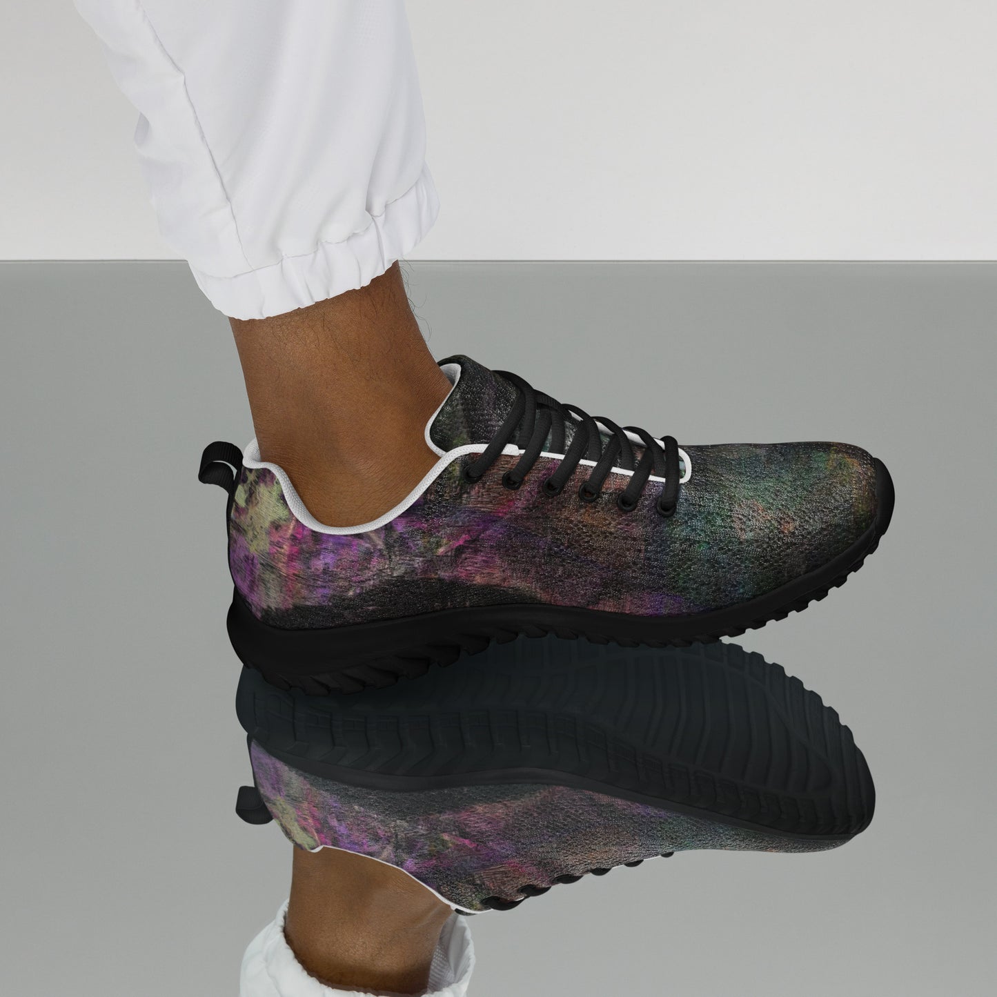 Hipyfi Chromatic Dreams Men’s Abstract Art Training Shoes in vibrant graffiti-inspired purple, blue, and orange with breathable performance design. black-left