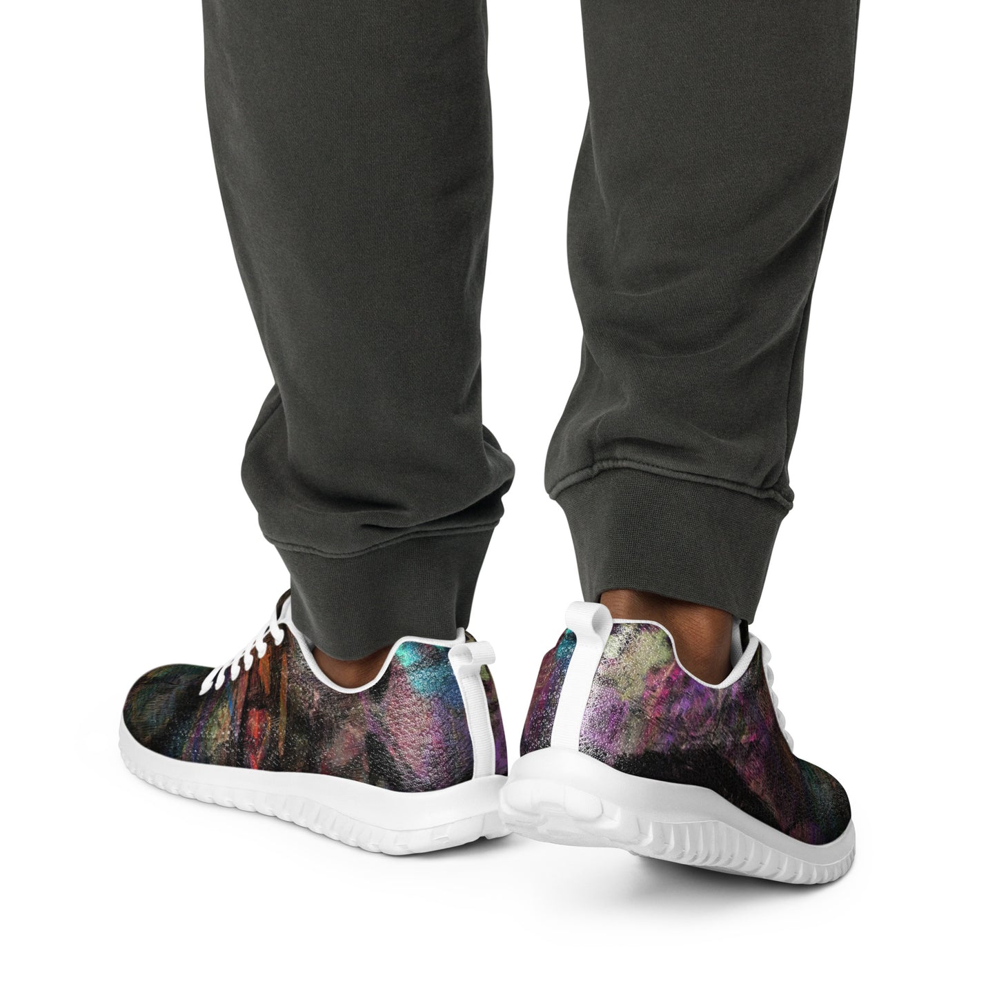 Hipyfi Chromatic Dreams Men’s Abstract Art Training Shoes in vibrant graffiti-inspired purple, blue, and orange with breathable performance design. white-back