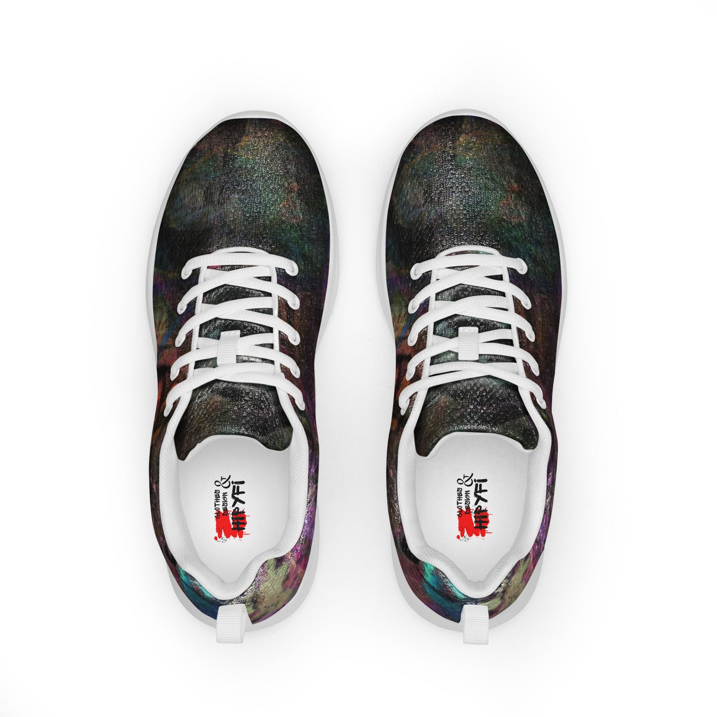 Hipyfi Chromatic Dreams Men’s Abstract Art Training Shoes in vibrant graffiti-inspired purple, blue, and orange with breathable performance design. white-front-6