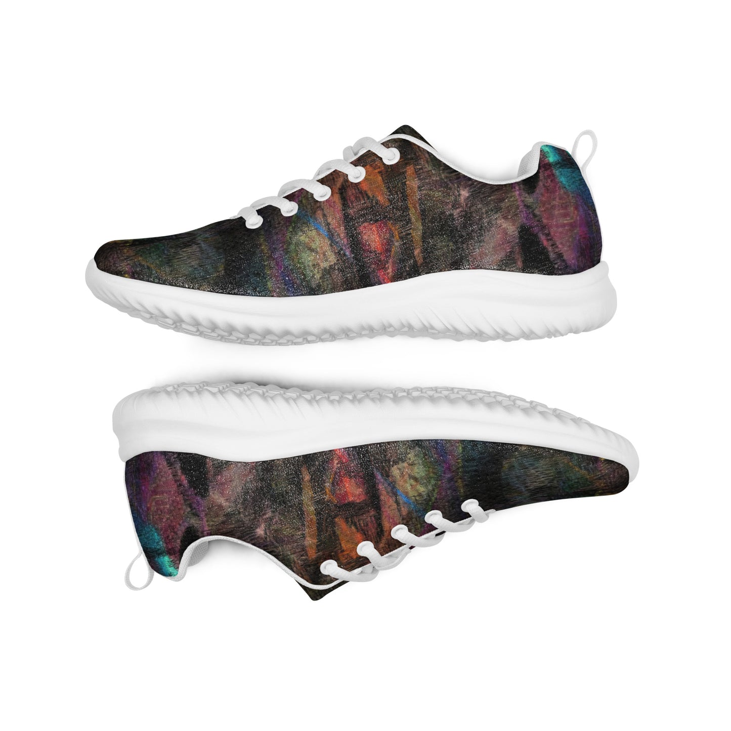 Hipyfi Chromatic Dreams Men’s Abstract Art Training Shoes in vibrant graffiti-inspired purple, blue, and orange with breathable performance design. white-front-3