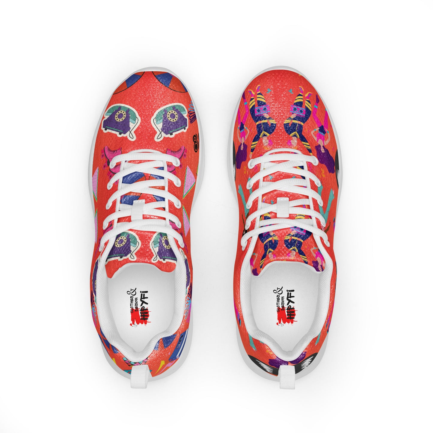 Hipyfi RetroRush Men’s 80s Style Athletic Sneakers with Neon Retro Pattern white-front-3