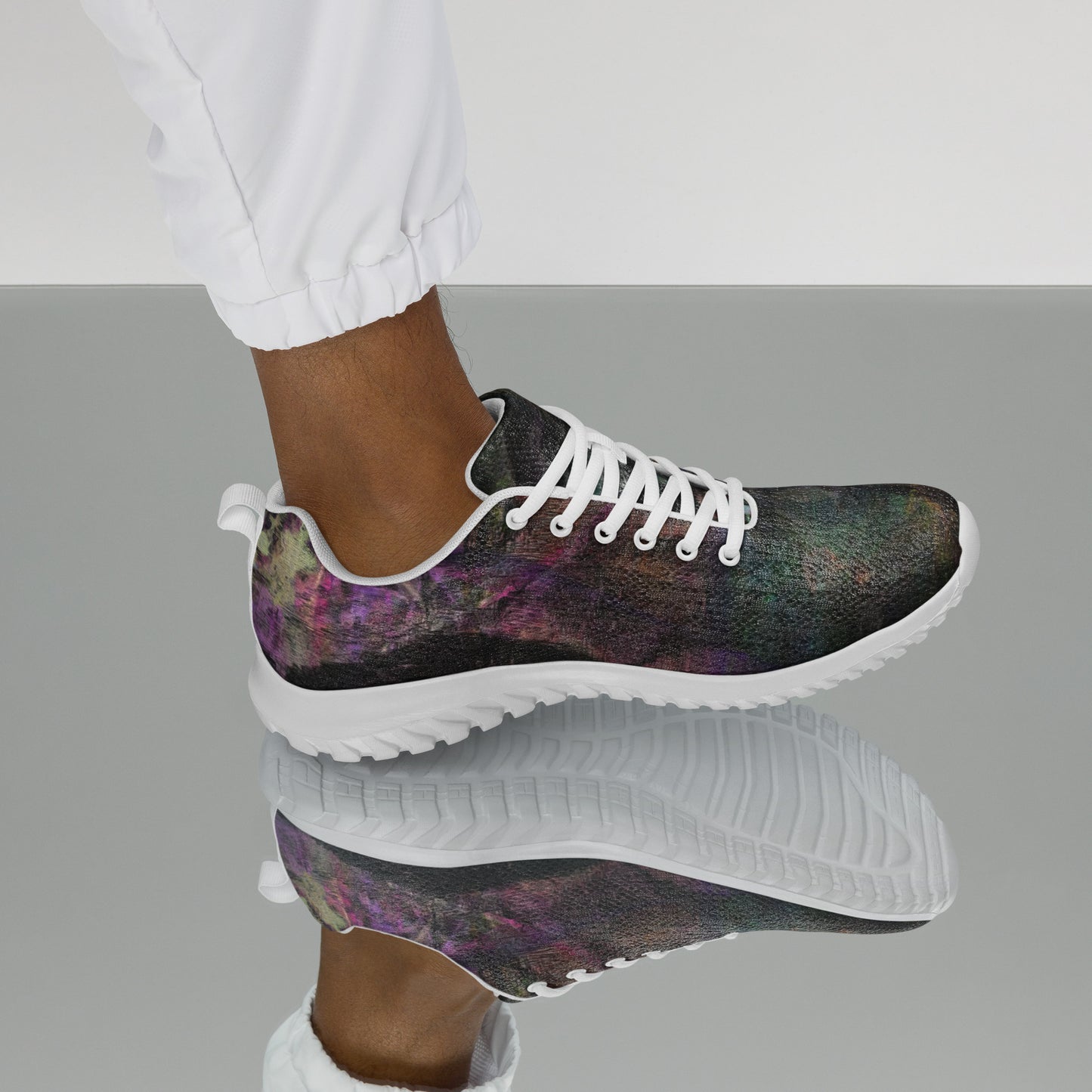 Hipyfi Chromatic Dreams Men’s Abstract Art Training Shoes in vibrant graffiti-inspired purple, blue, and orange with breathable performance design. white-left