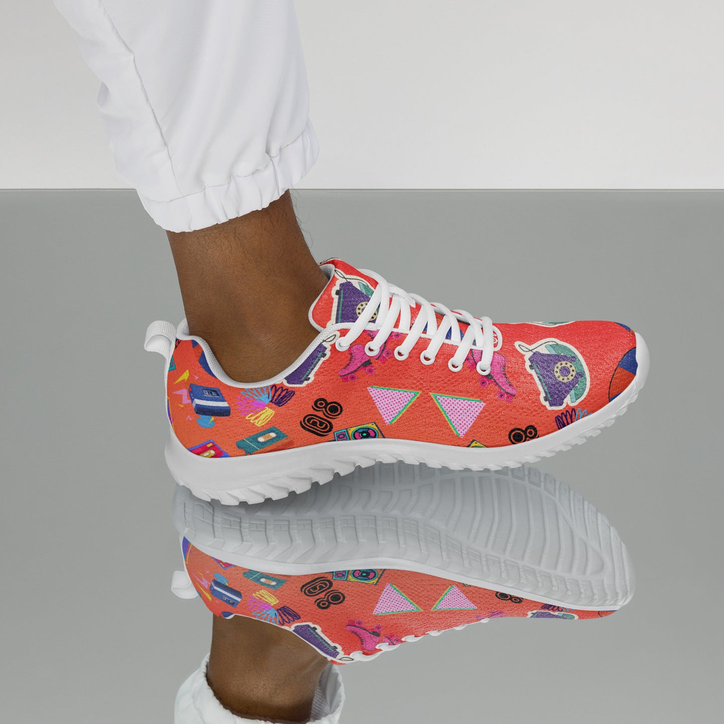 Hipyfi RetroRush Men’s 80s Style Athletic Sneakers with Neon Retro Pattern white-left