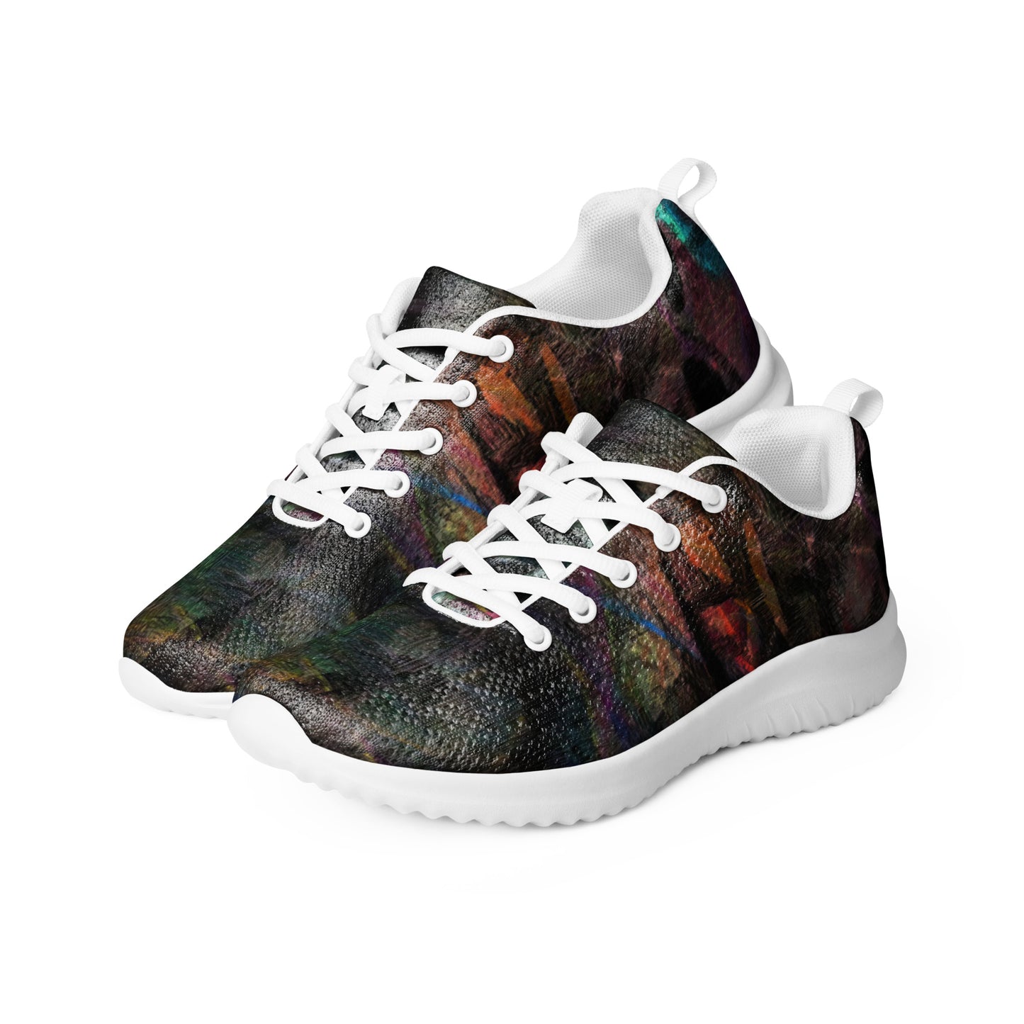 Hipyfi Chromatic Dreams Men’s Abstract Art Training Shoes in vibrant graffiti-inspired purple, blue, and orange with breathable performance design. white-left-front
