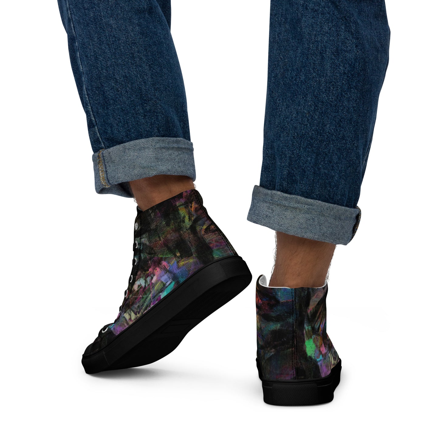 Hipyfi Chromatic Dreams Men's High-Top Sneakers with Bold Colorful Abstract Graffiti Print in Purple, Blue, and Green black-back