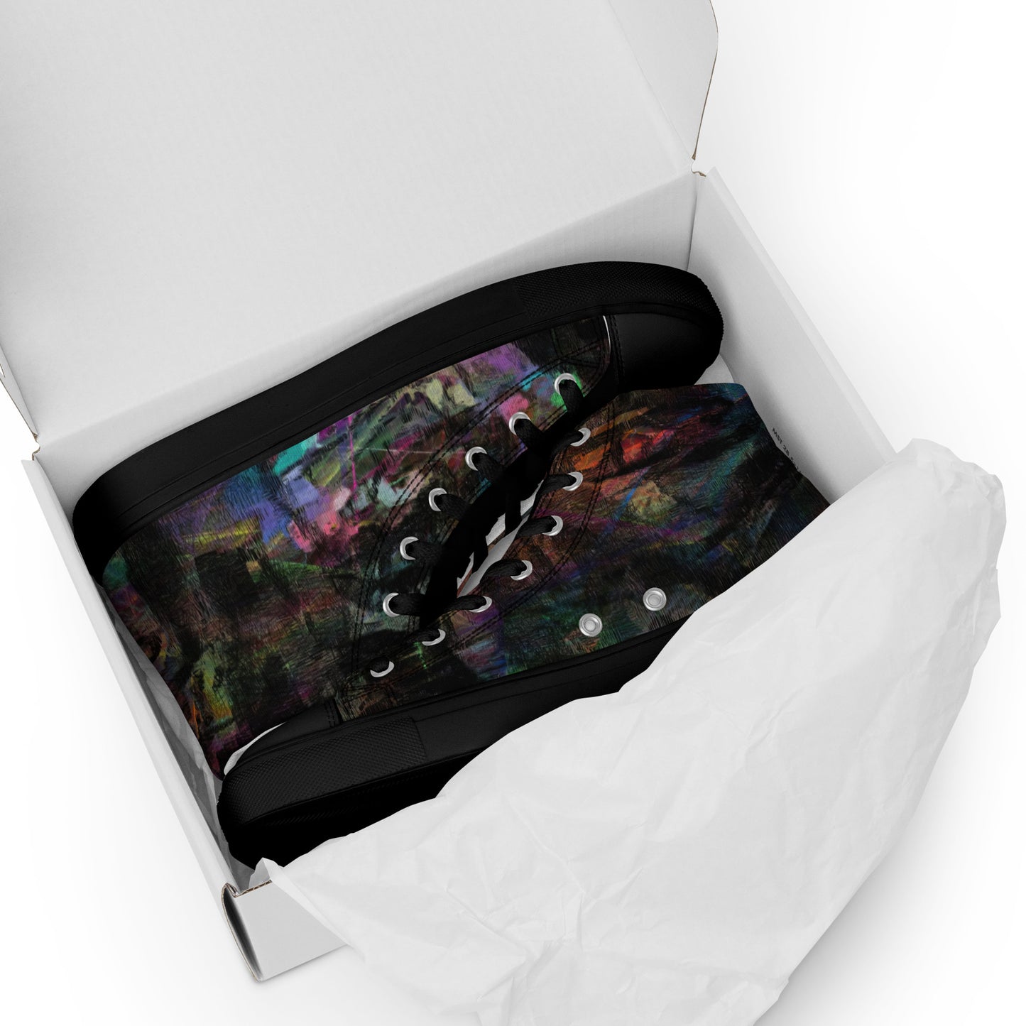 Hipyfi Chromatic Dreams Men's High-Top Sneakers with Bold Colorful Abstract Graffiti Print in Purple, Blue, and Green black-front-6