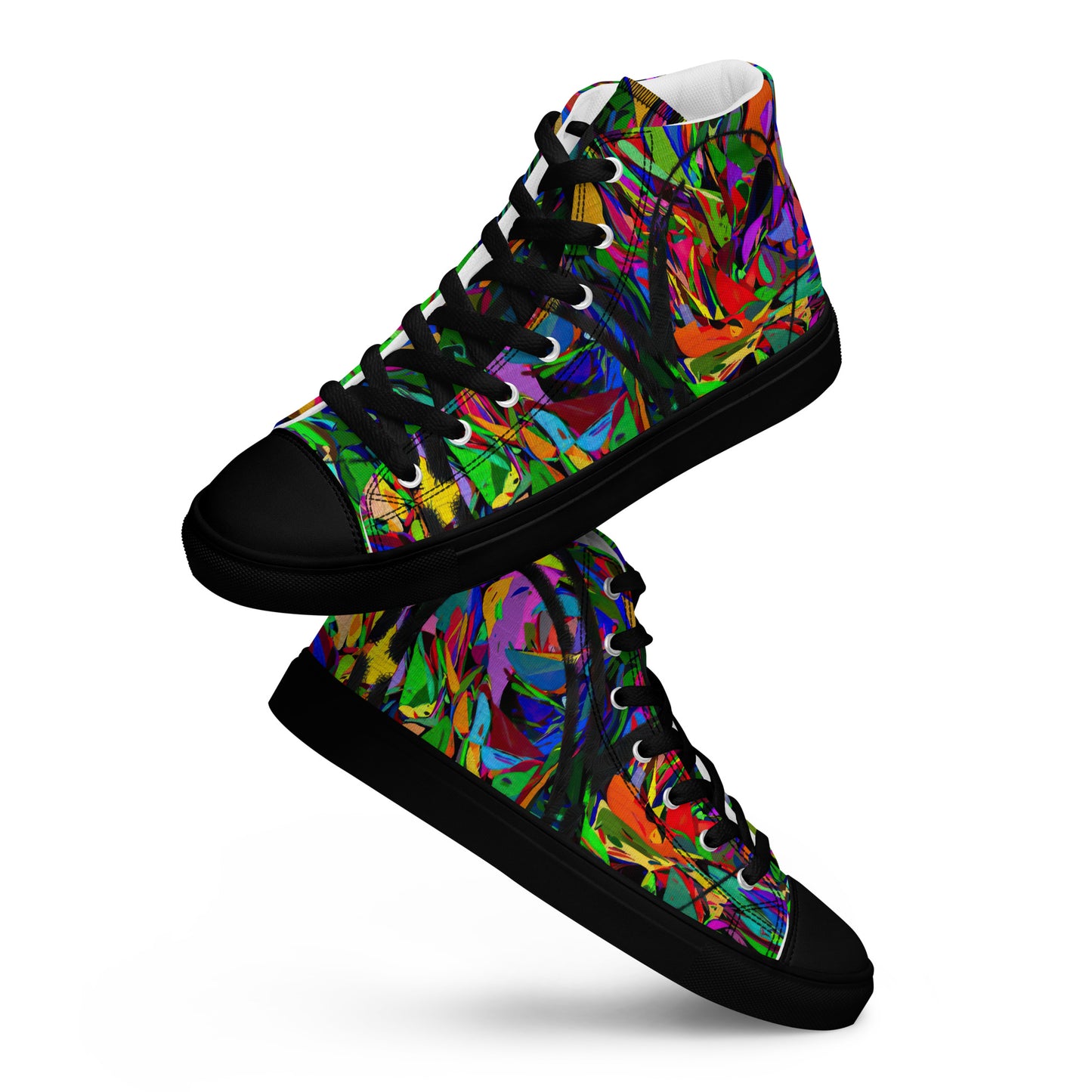 Men’s handmade high top canvas sneakers with abstract neon graphic design – Neon Mythos by Hipyfi Clothes & Design. black-front